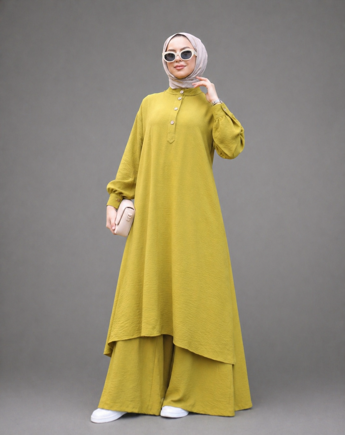 Zeyna düğme detay tunik & pantolon yağ yeşili