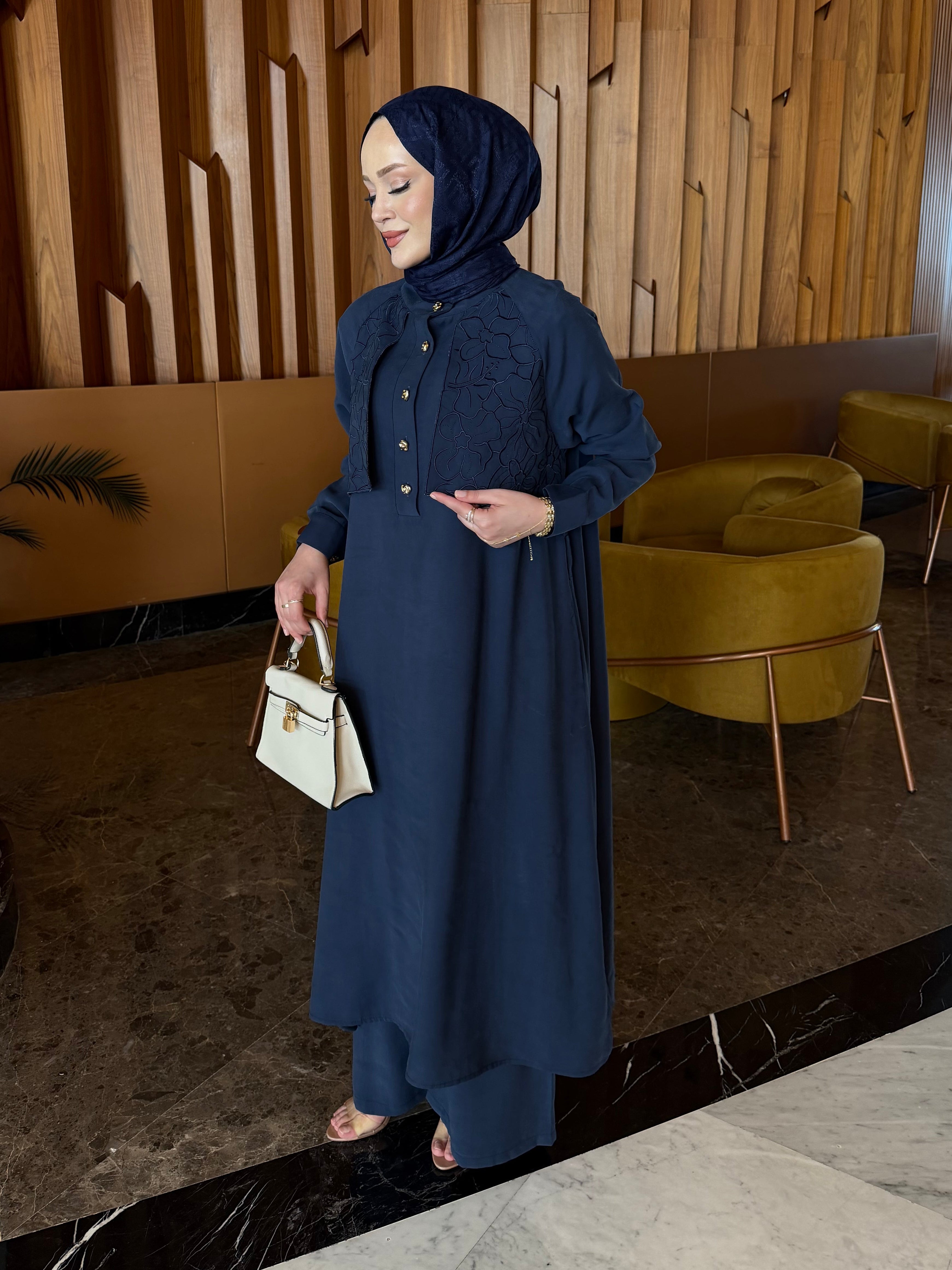 Sahra nakış detaylı tunik & pantolon takım lacivert