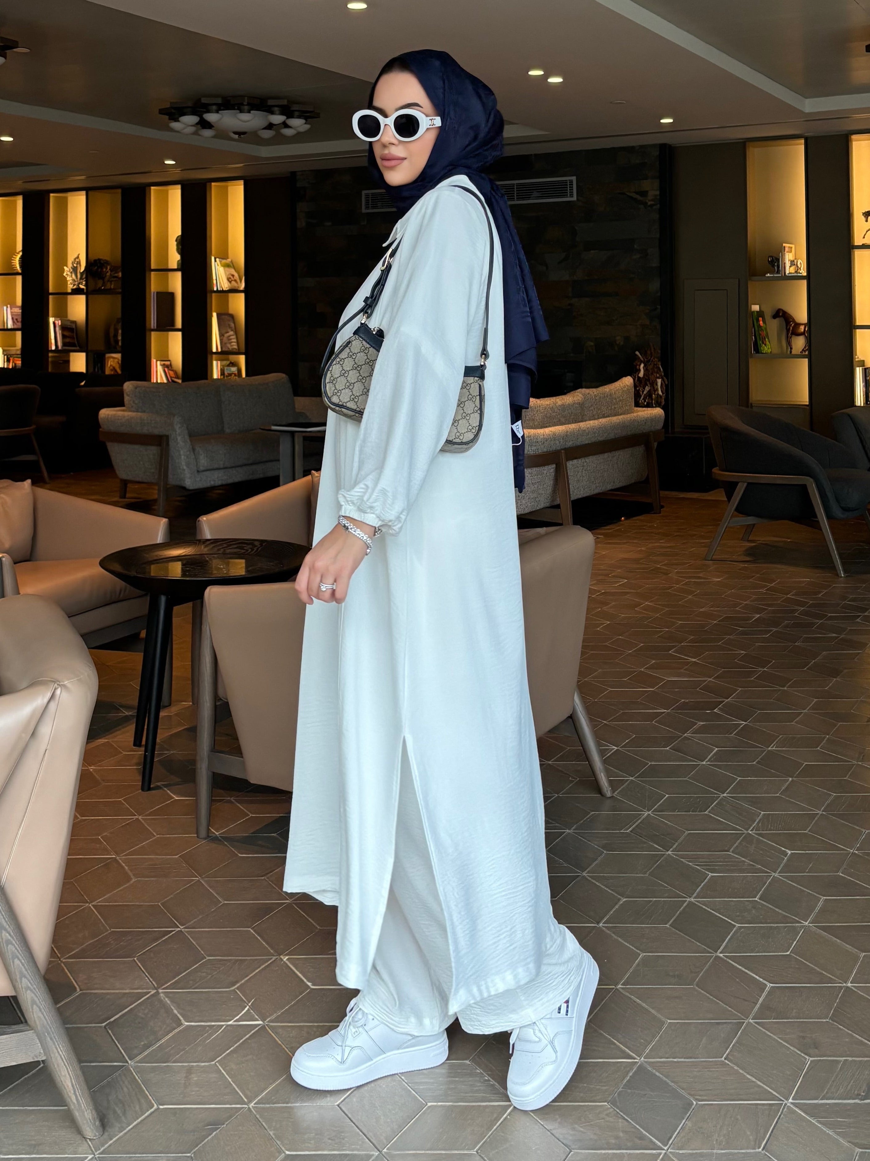 Soft fermuarlı tunik & pantolon takım beyaz