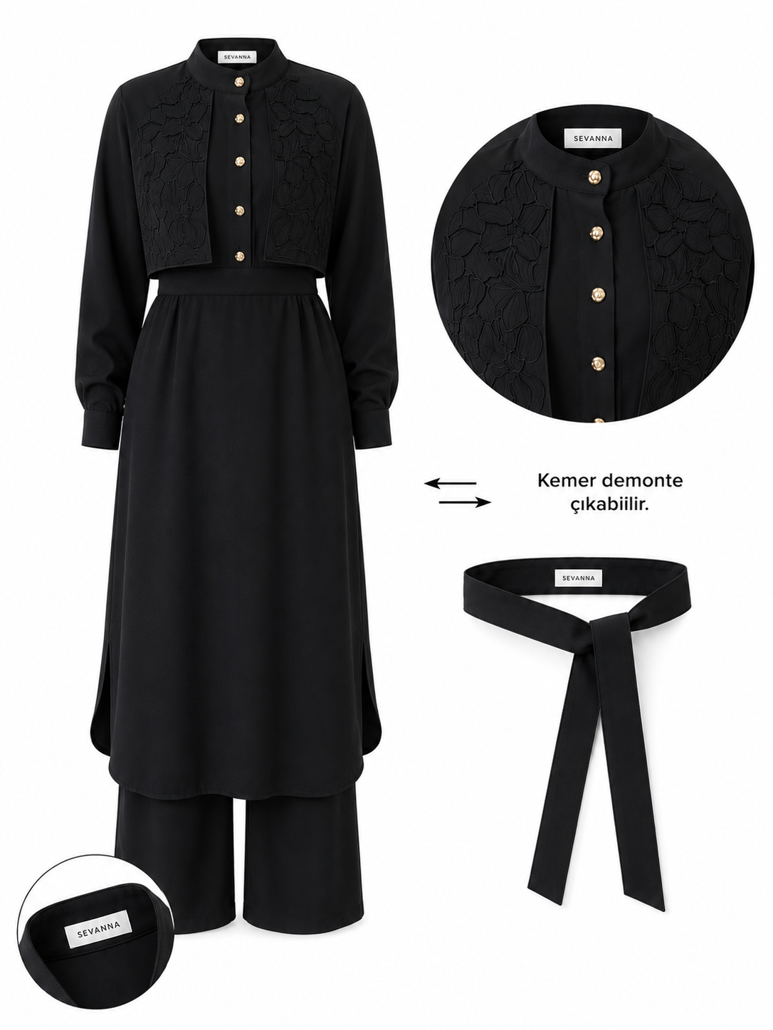 Sahra nakış detaylı tunik & pantolon takım siyah