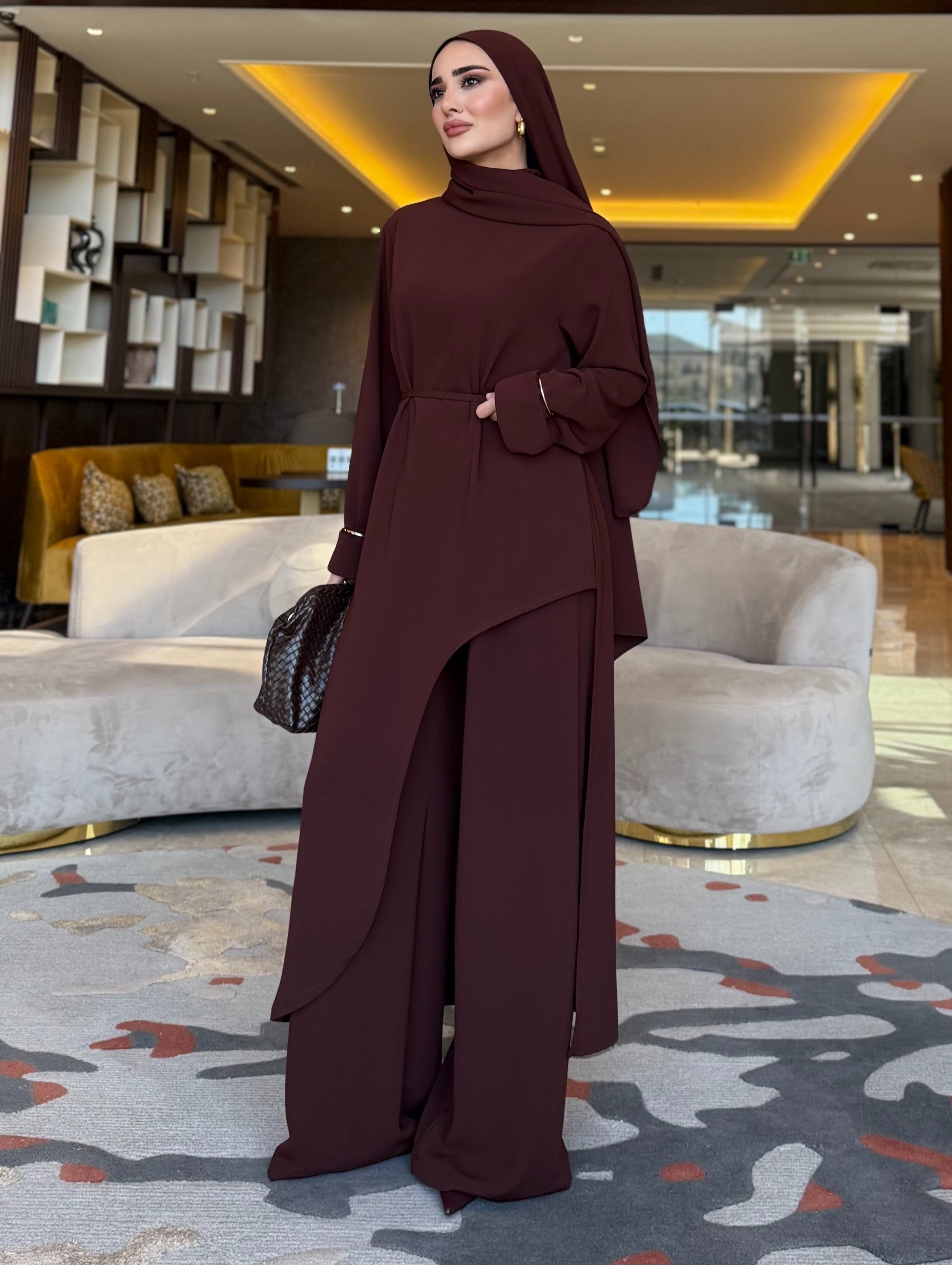 Aura asimetrik kesim tunik & pantolon kahverengi