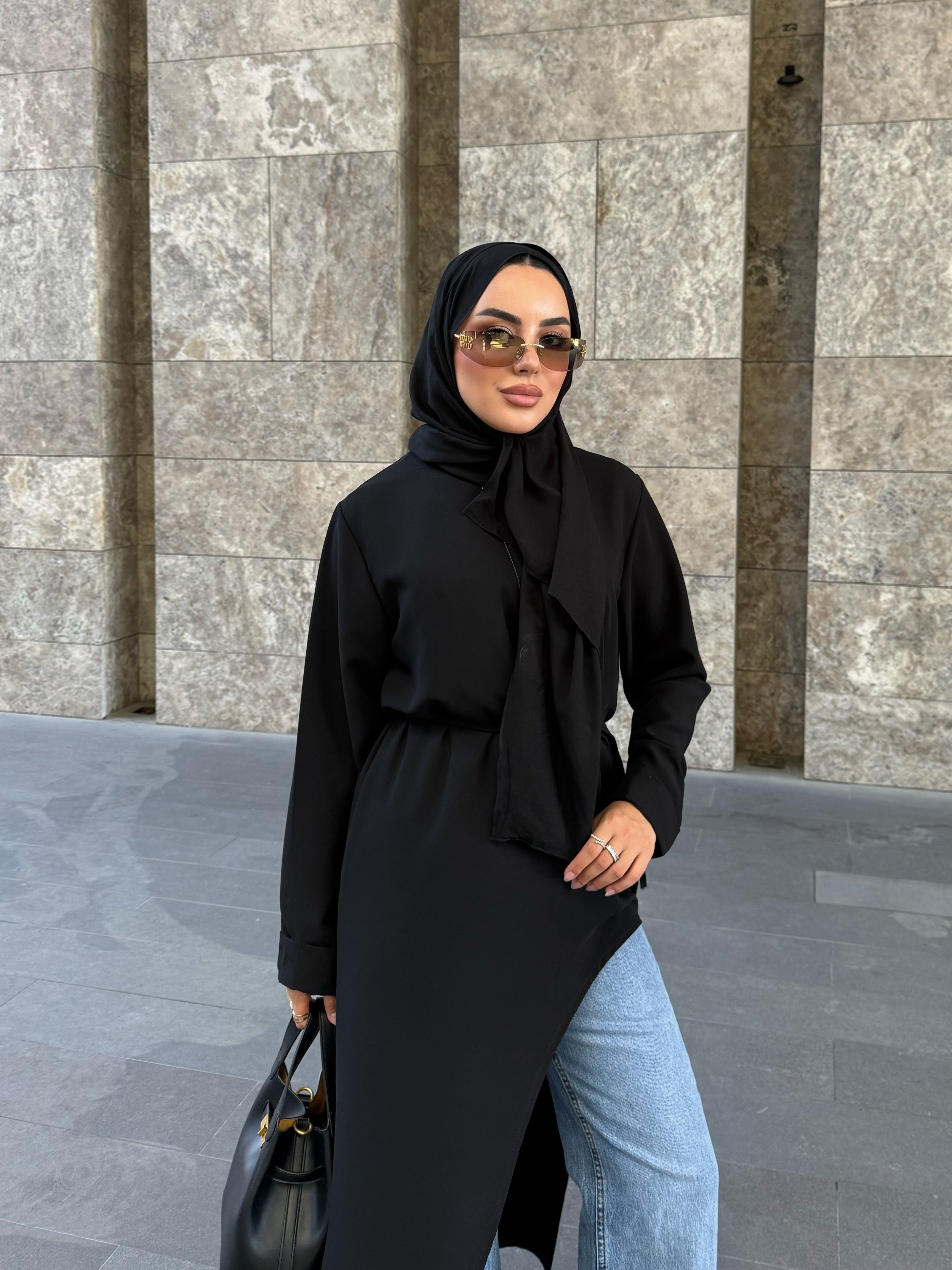 Alina asimetrik kuşaklı tunik siyah