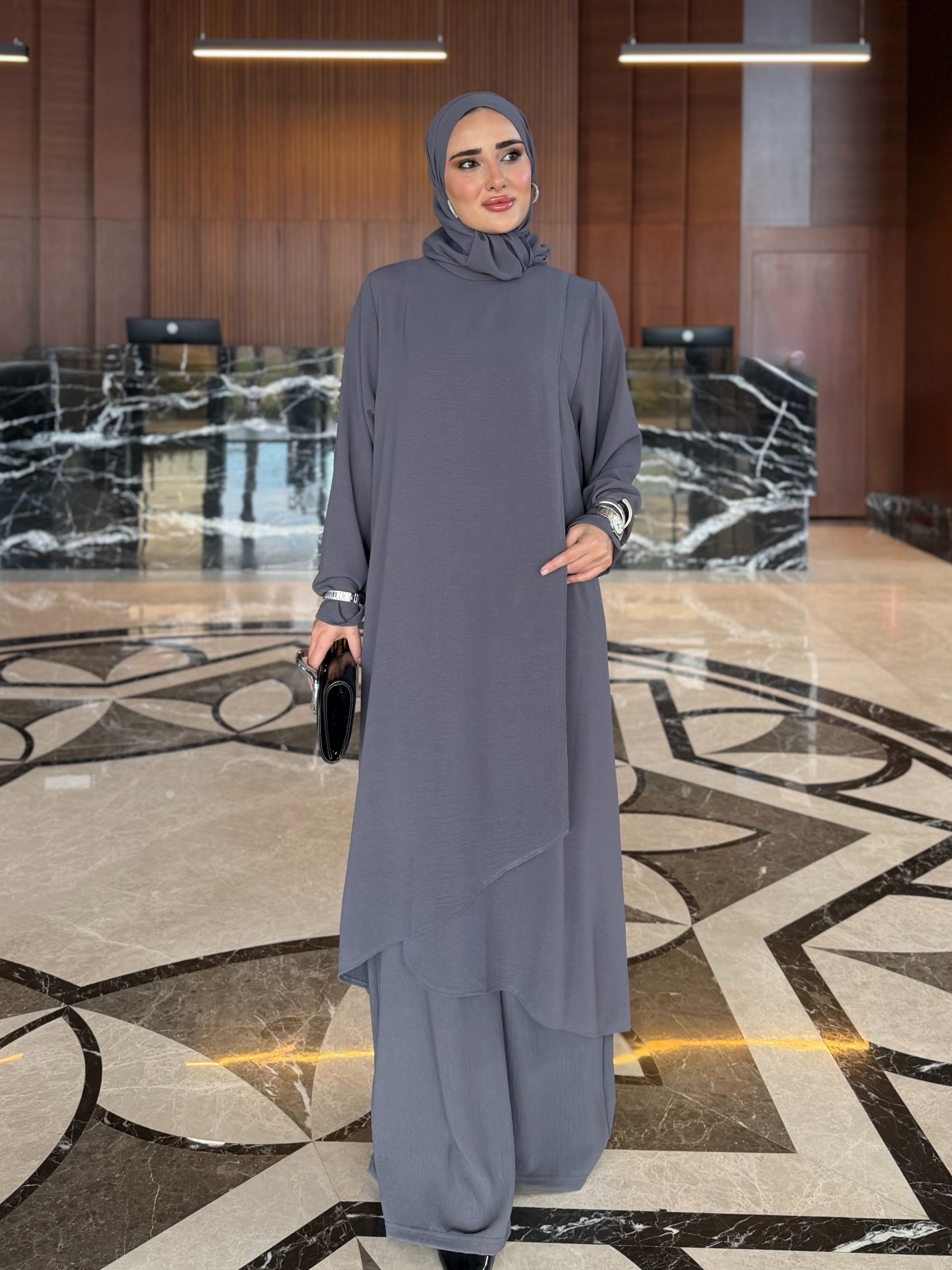 Vera asimetrik kesim katlı tunik & pantolon antrasit gri