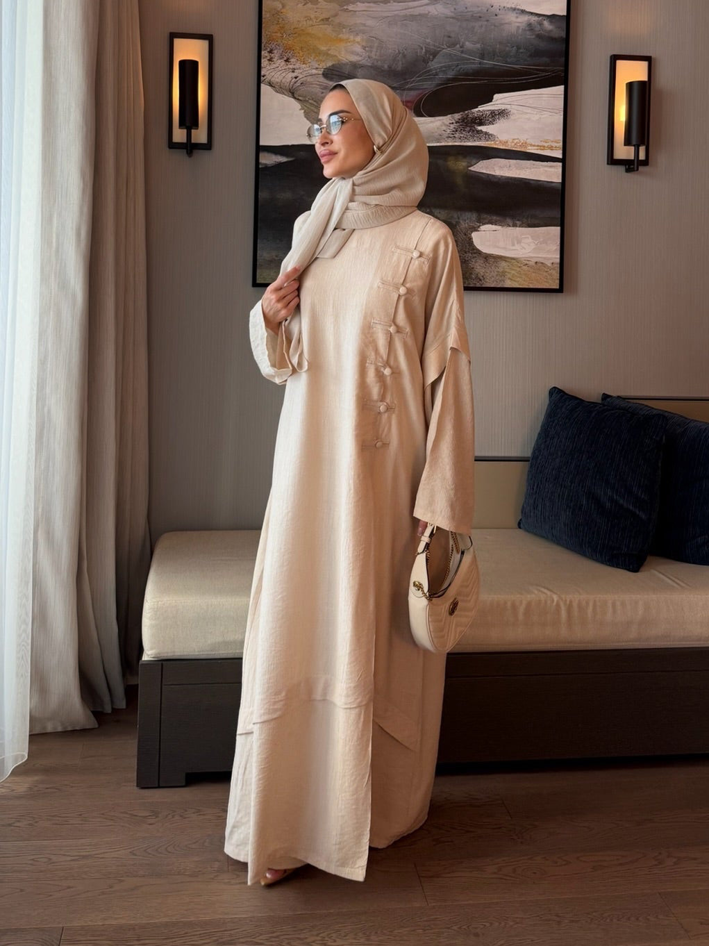 Ahsen abaya & pantolon ikili takım krem