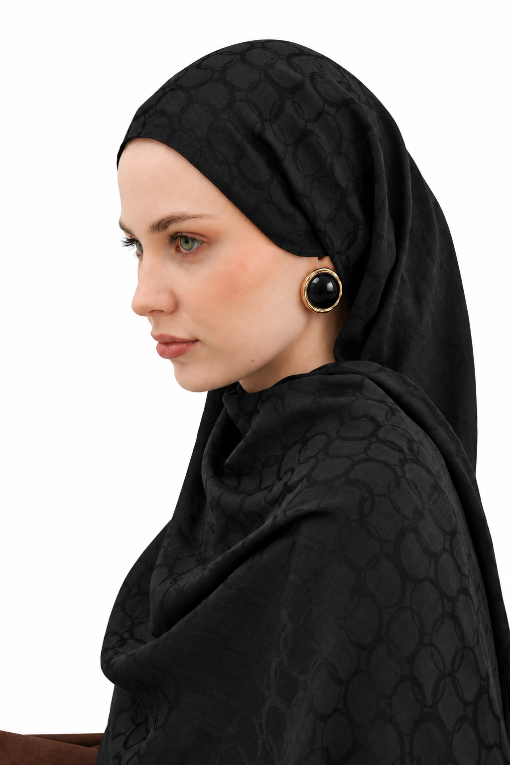 Monogram Döngü Desen Pamuklu Jakar Şal Siyah