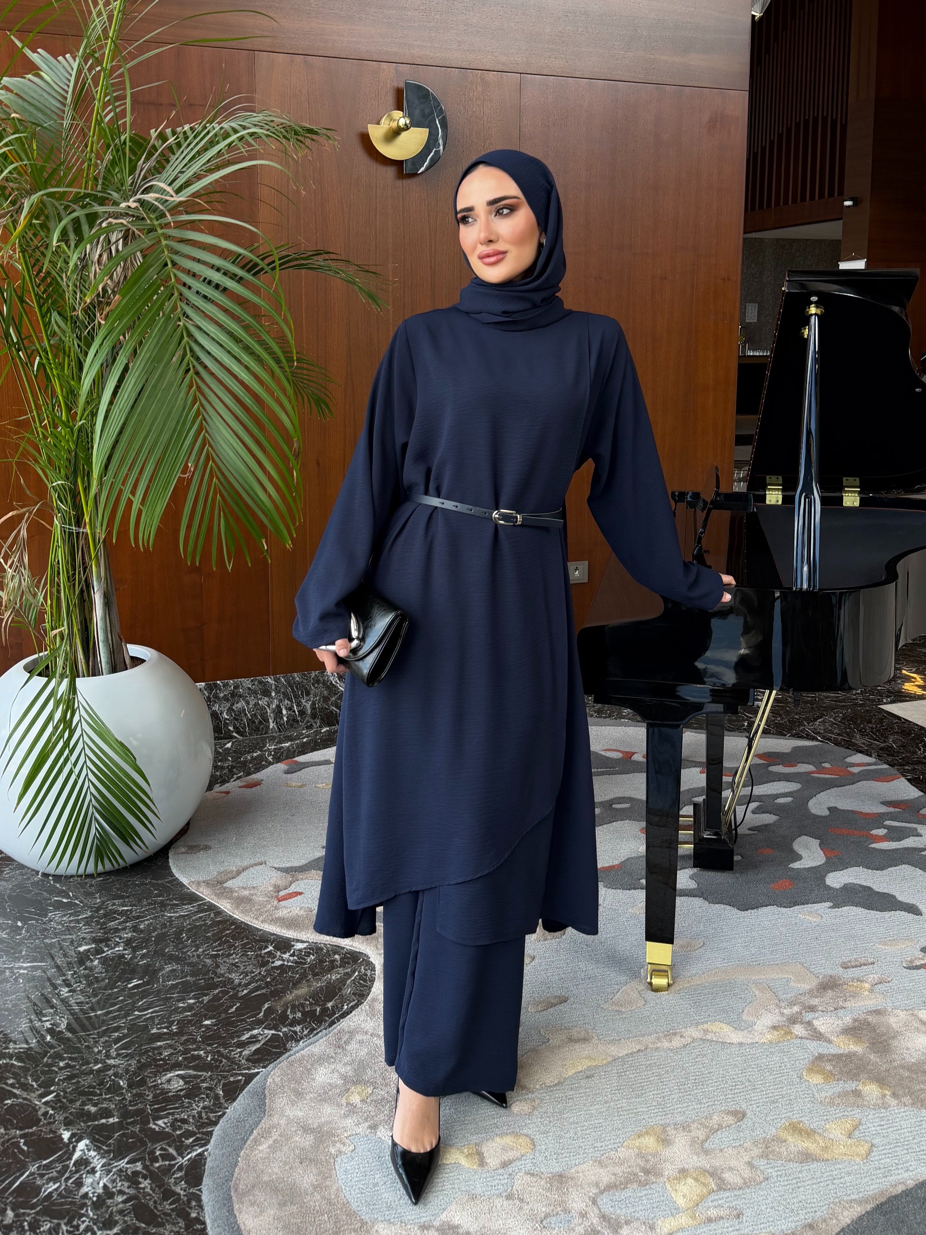 Vera asimetrik kesim katlı tunik & pantolon lacivert