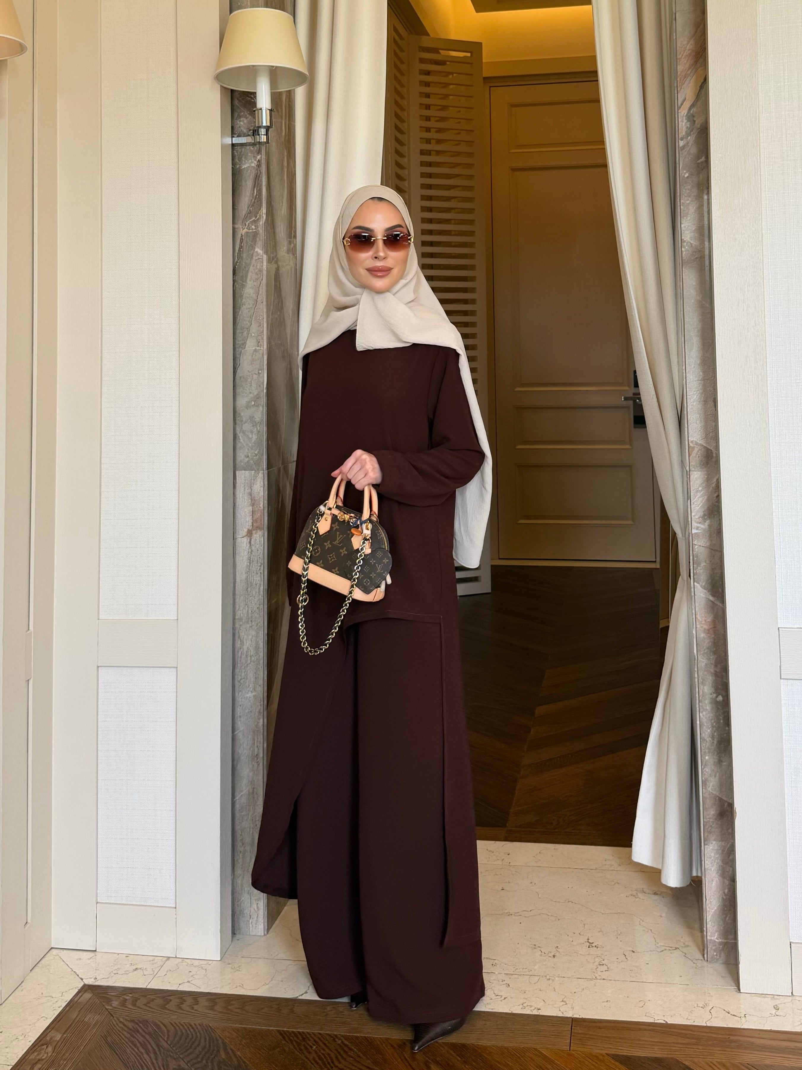 Aura asimetrik kesim tunik & pantolon kahverengi
