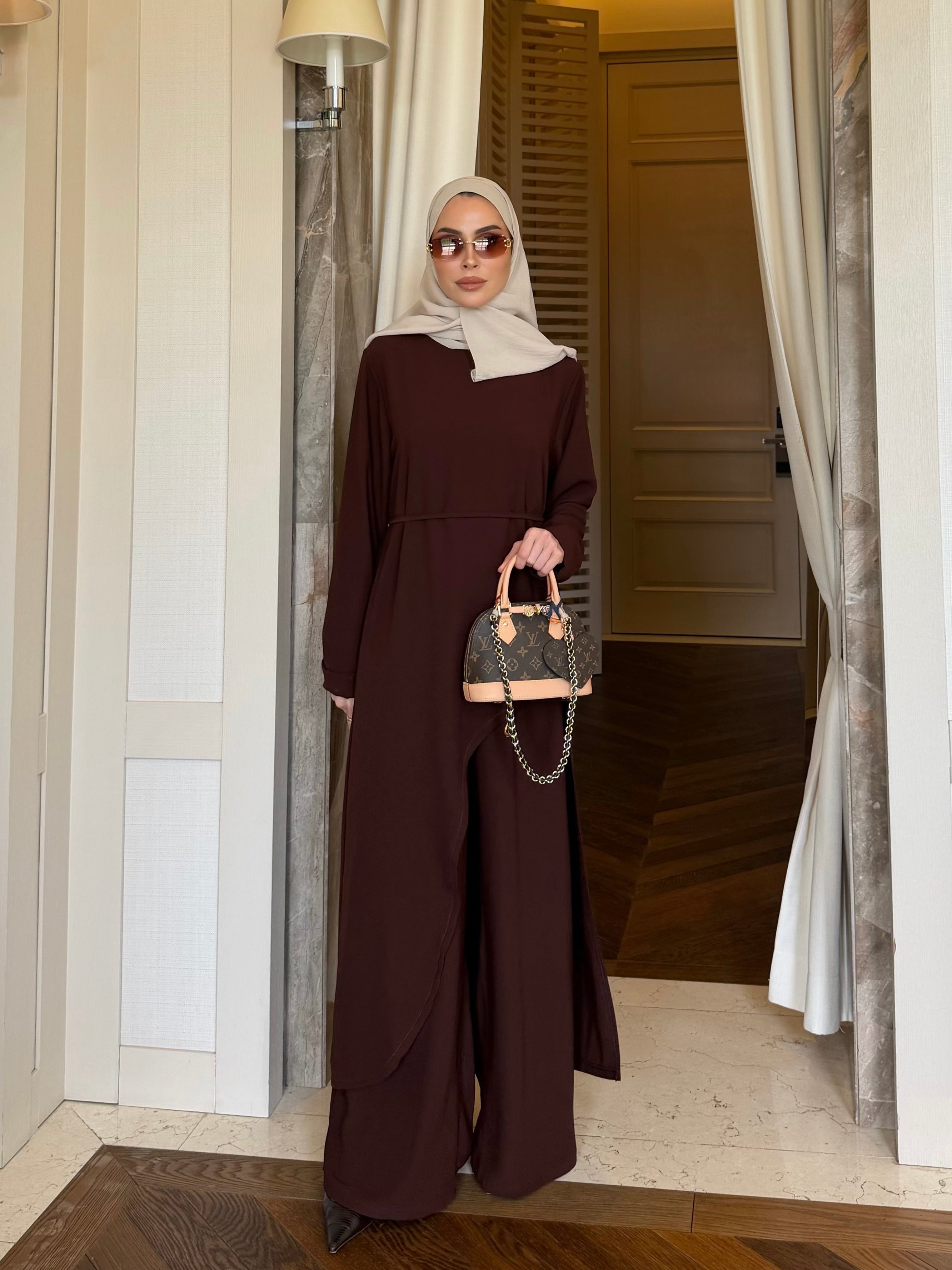 Aura asimetrik kesim tunik & pantolon kahverengi