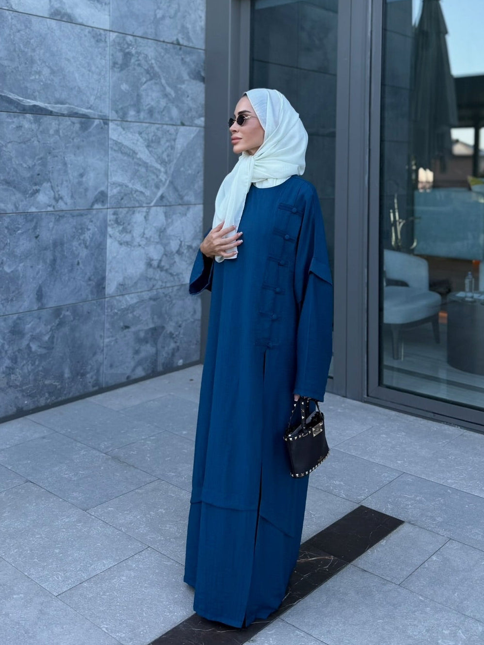 Ahsen abaya & pantolon ikili takım İndigo mavi