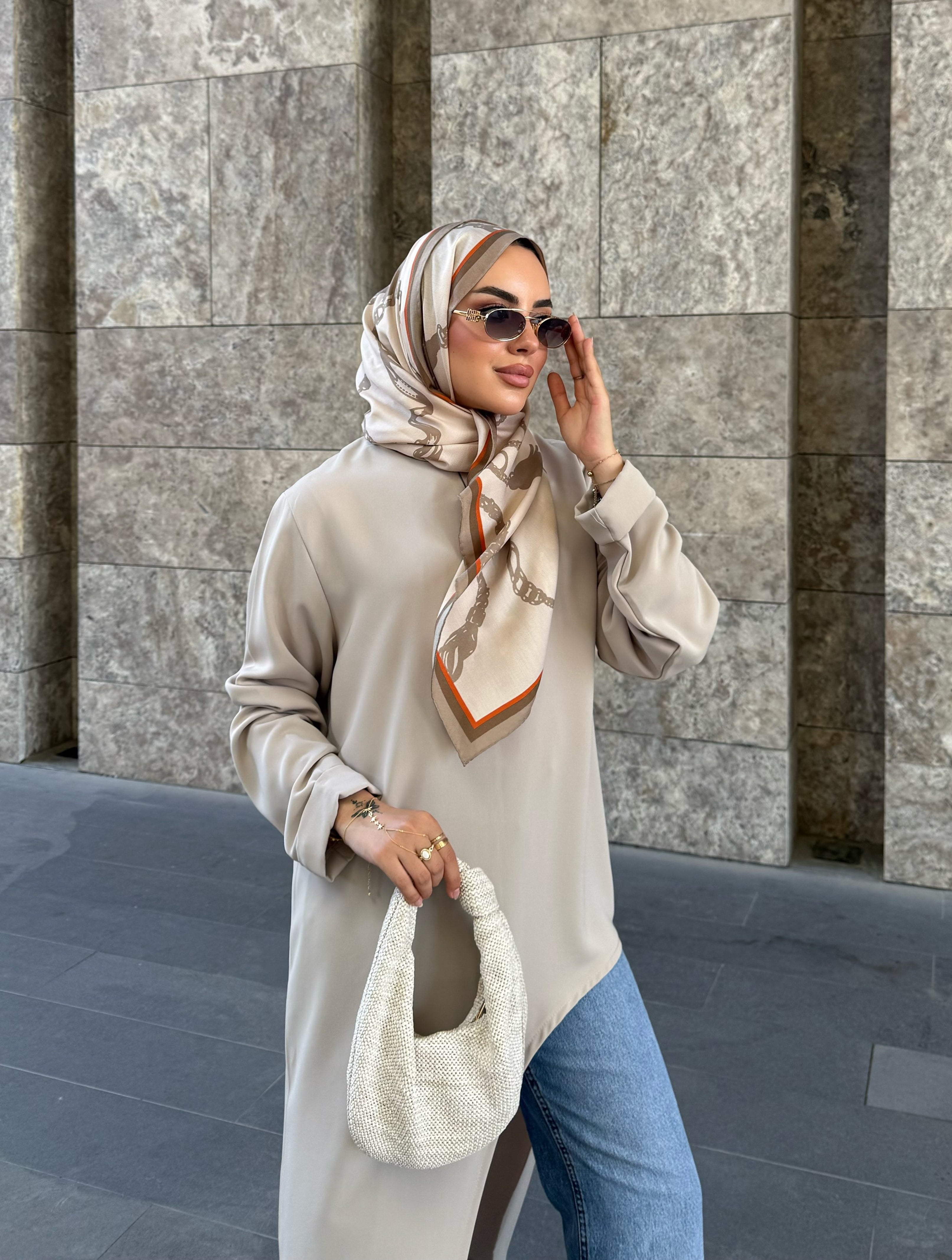 Alina asimetrik kuşaklı tunik Bej