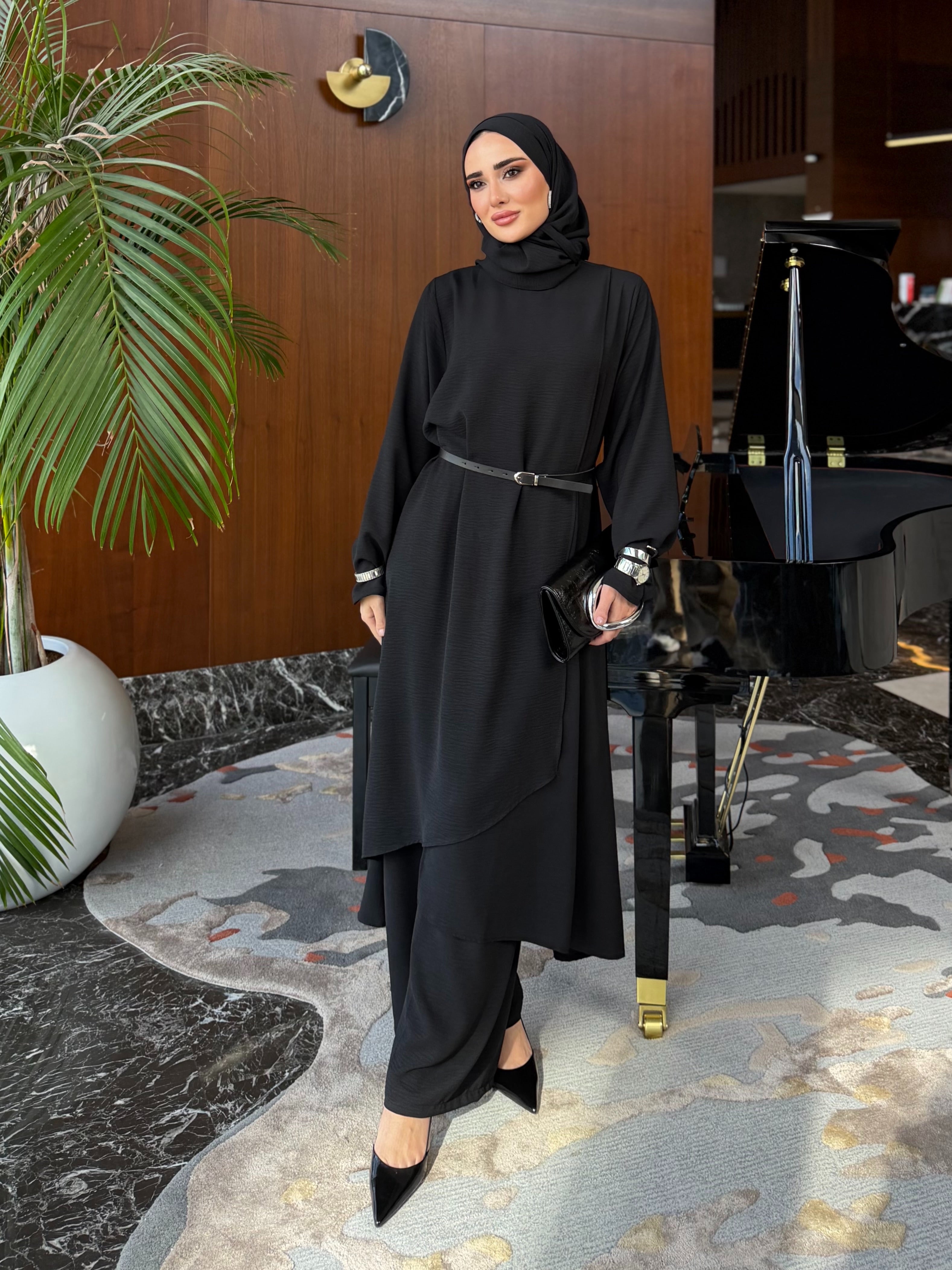 Vera asimetrik kesim katlı tunik & pantolon siyah