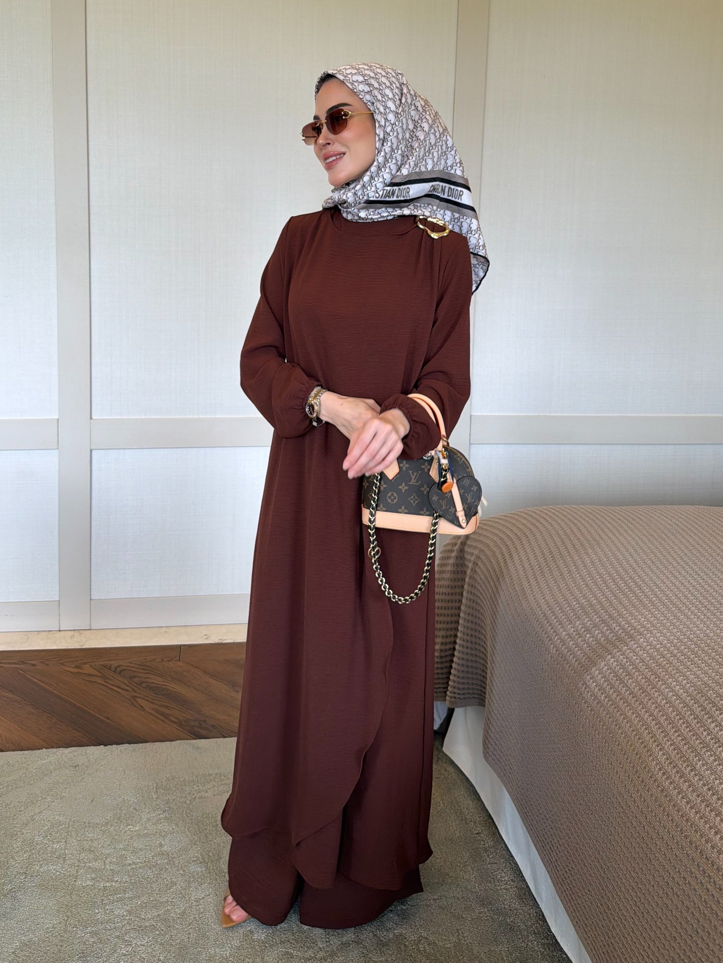 Royal metal broş detaylı tunik & pantolon kahverengi