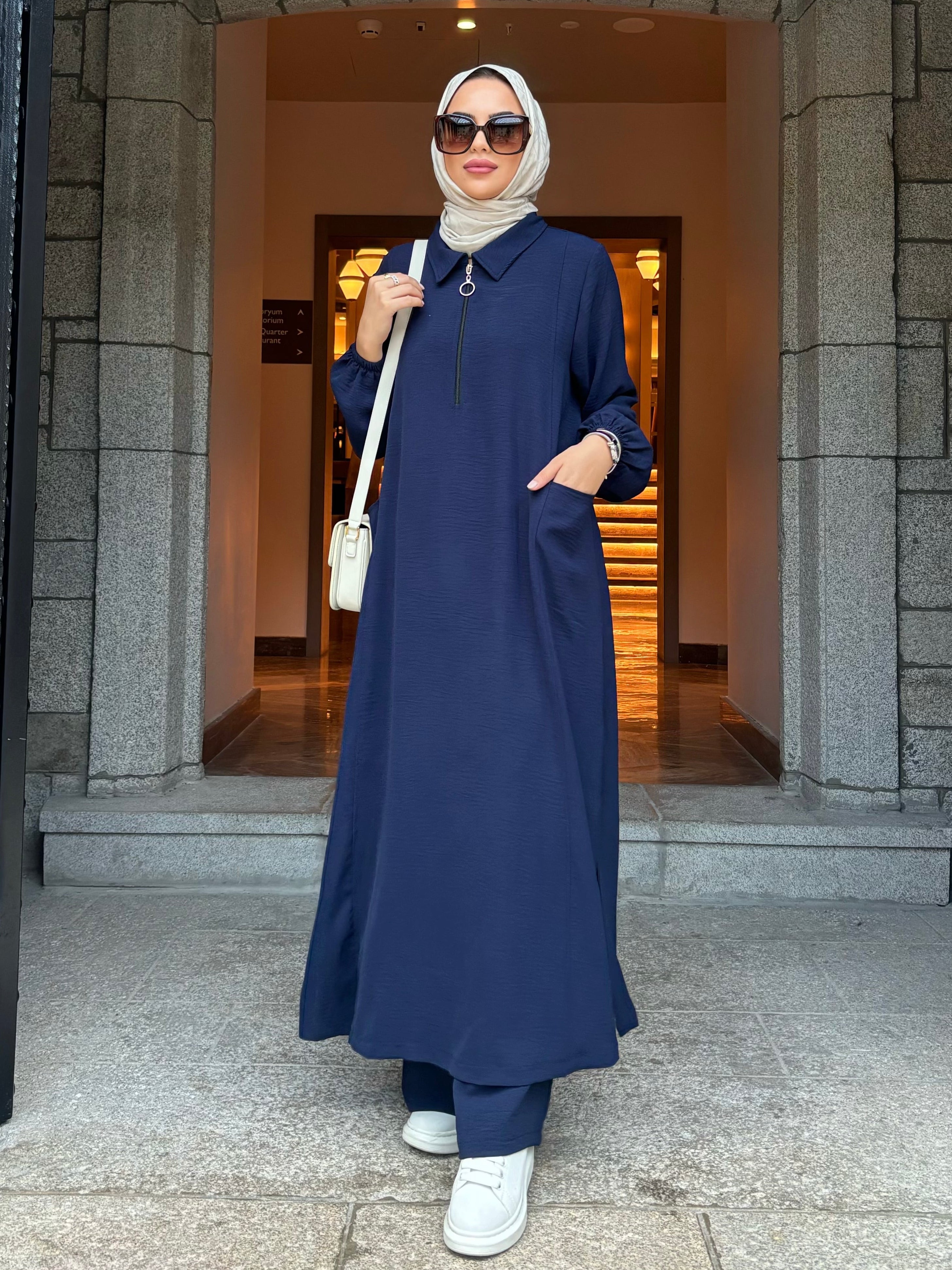 Soft fermuarlı tunik & pantolon takım lacivert