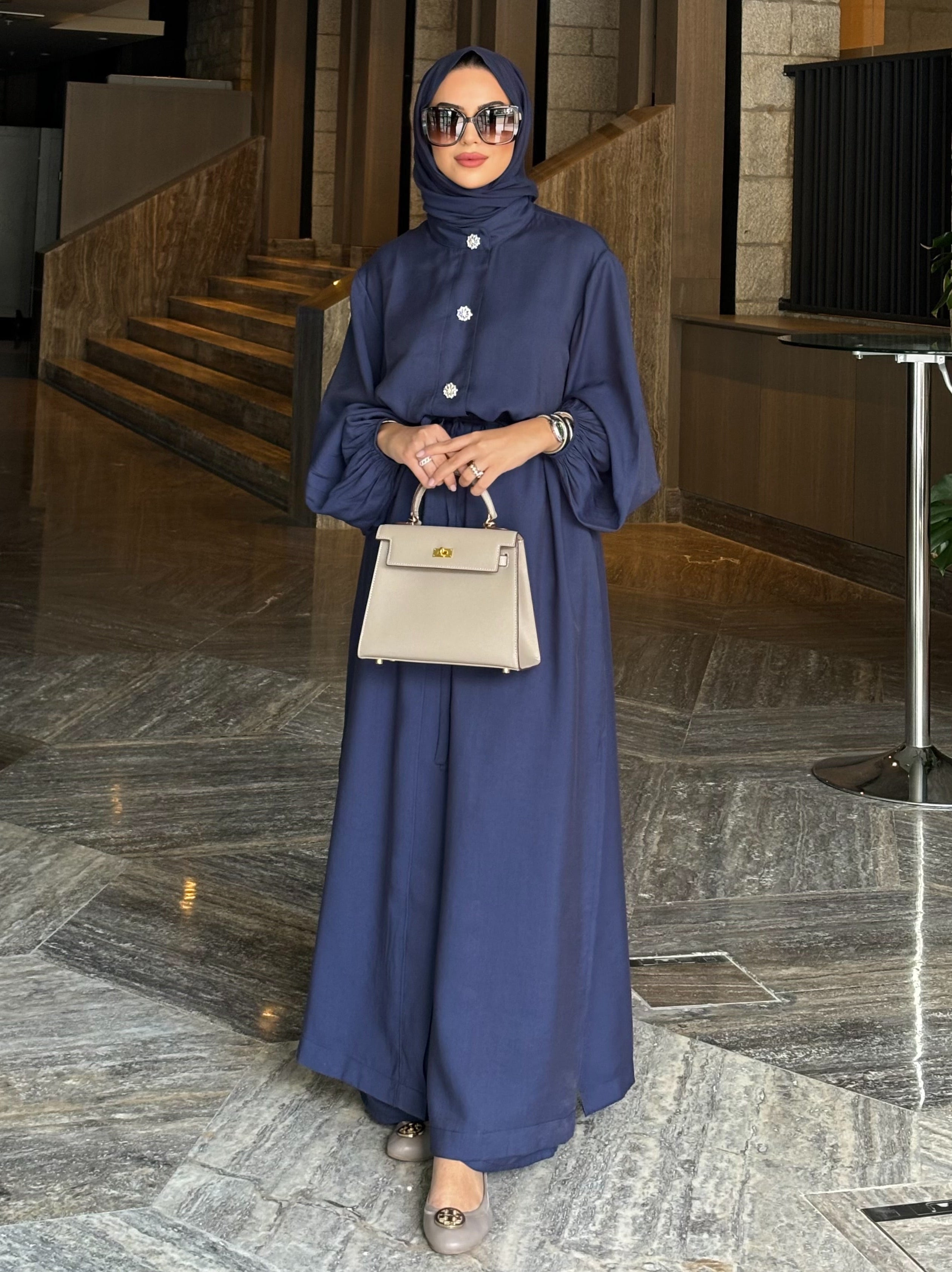 Kristal düğmeli  tunik & pantolon takım lacivert
