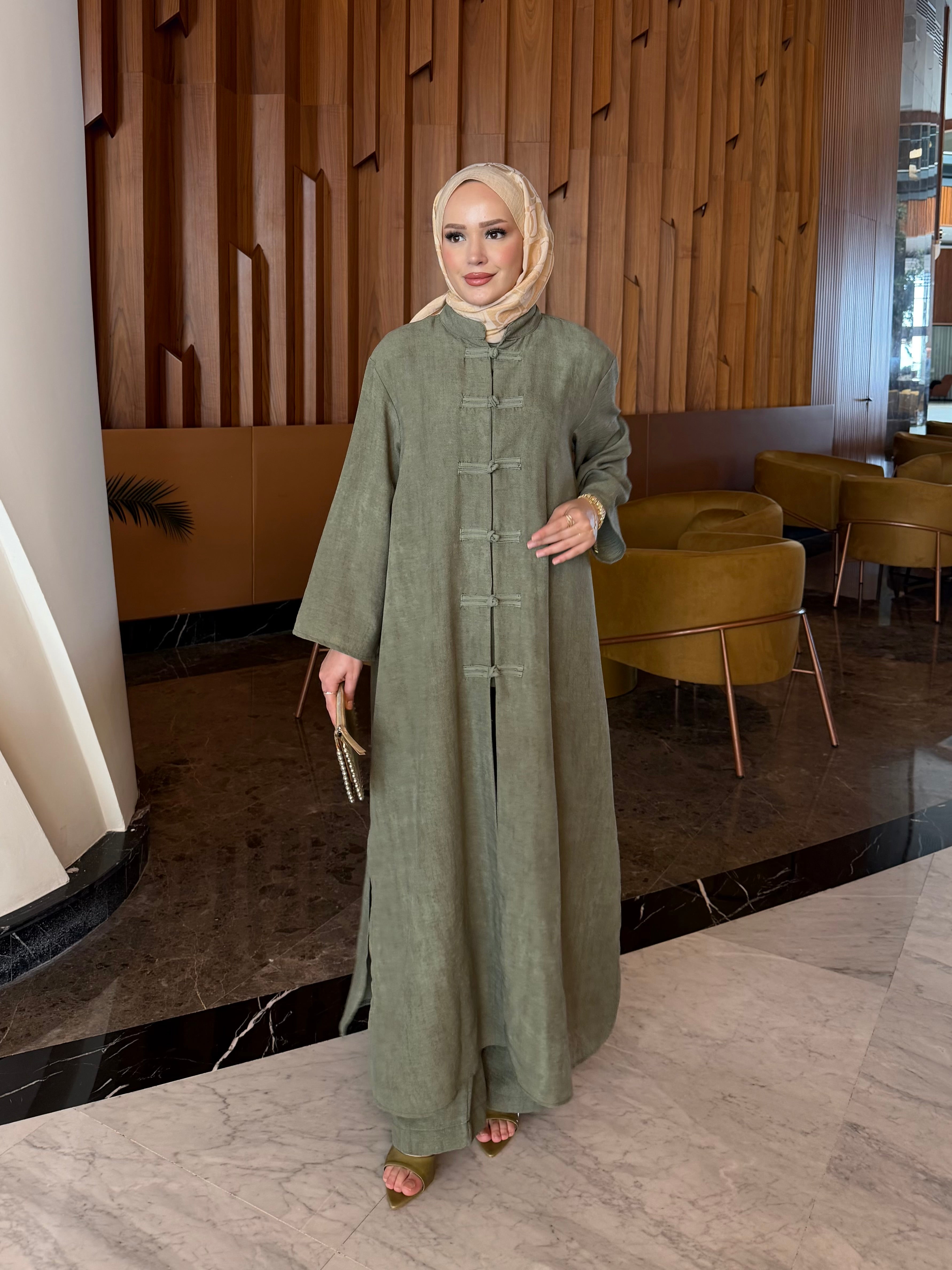 Sakura Çin düğüm kapama tunik & pantolon takım haki yeşil