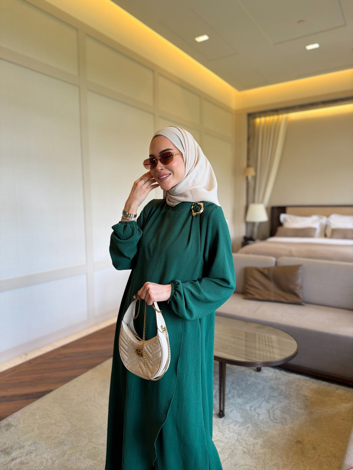 Royal metal broş detaylı tunik & pantolon zümrüt yeşili