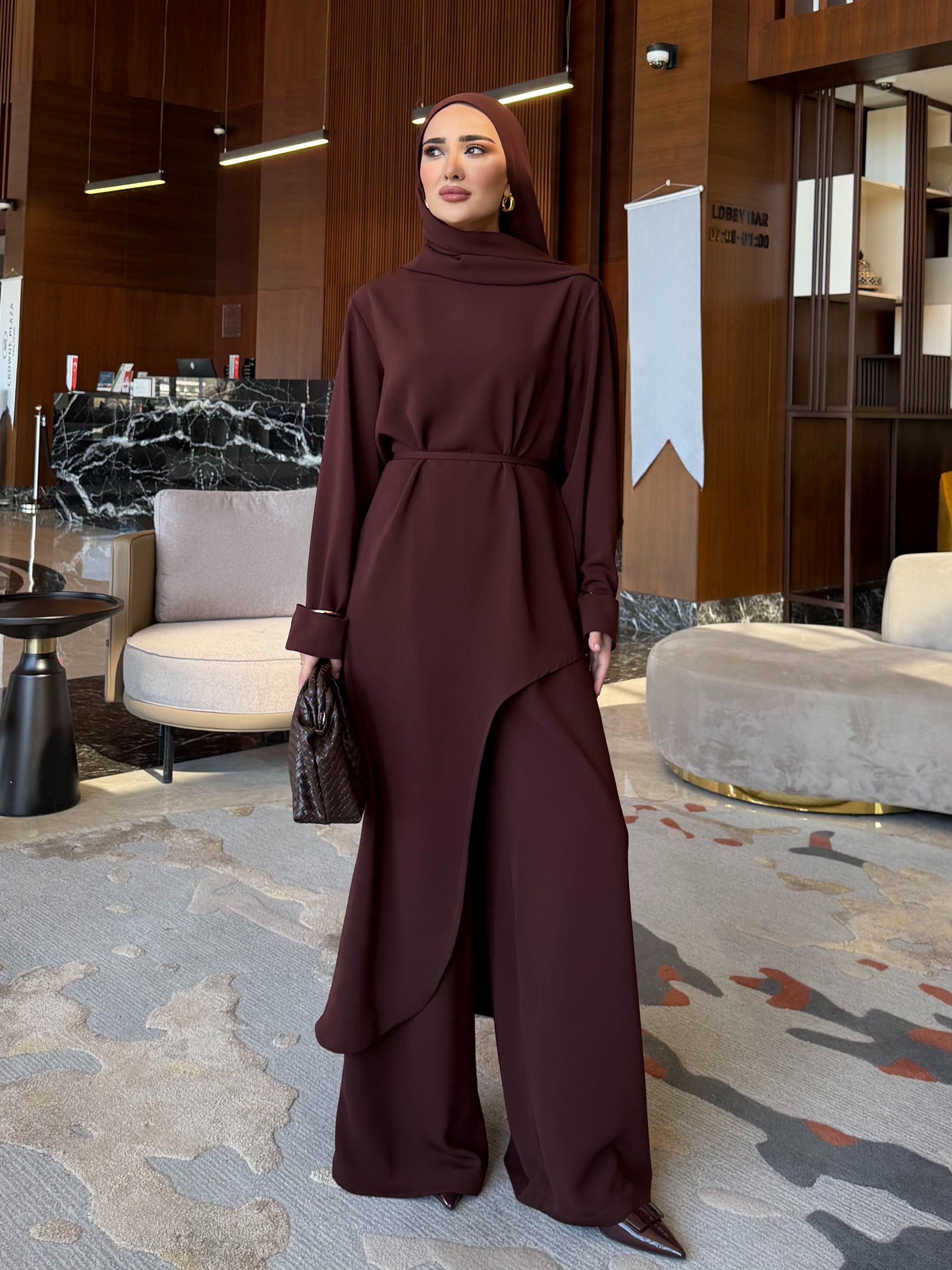 Aura asimetrik kesim tunik & pantolon kahverengi