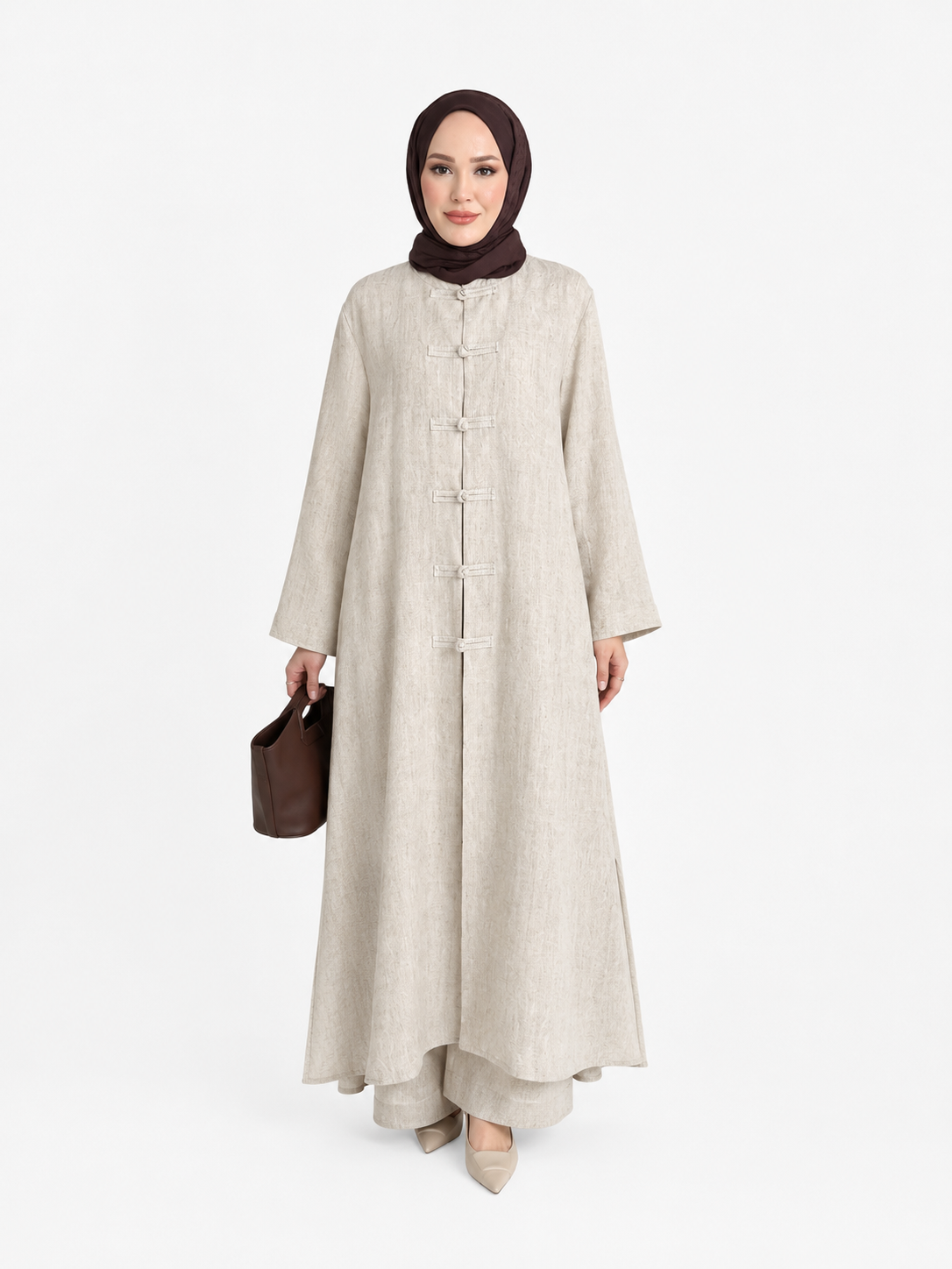 Sakura Çin düğüm kapama tunik & pantolon takım taş rengi
