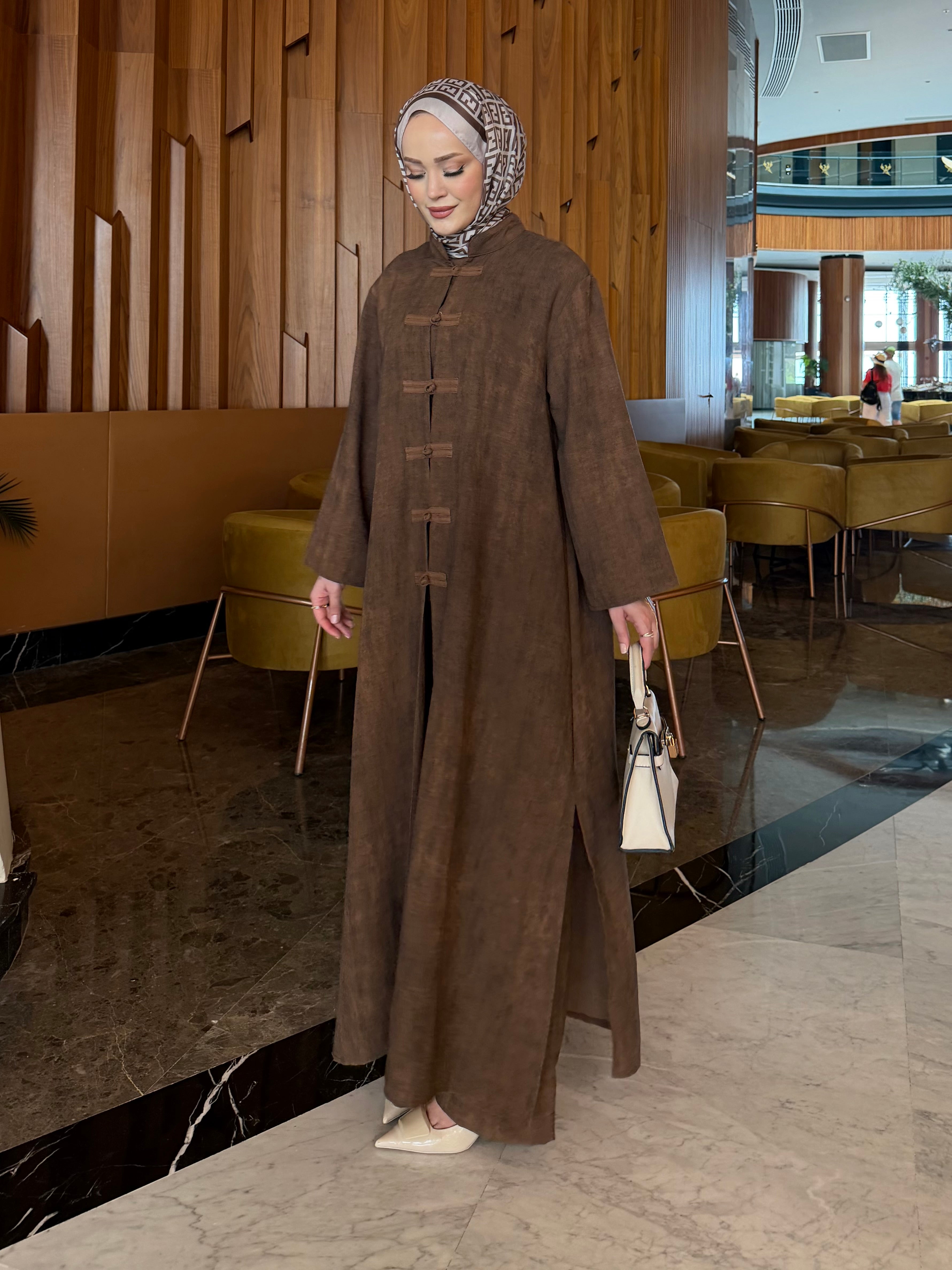 Sakura Çin düğüm kapama tunik & pantolon takım kahve
