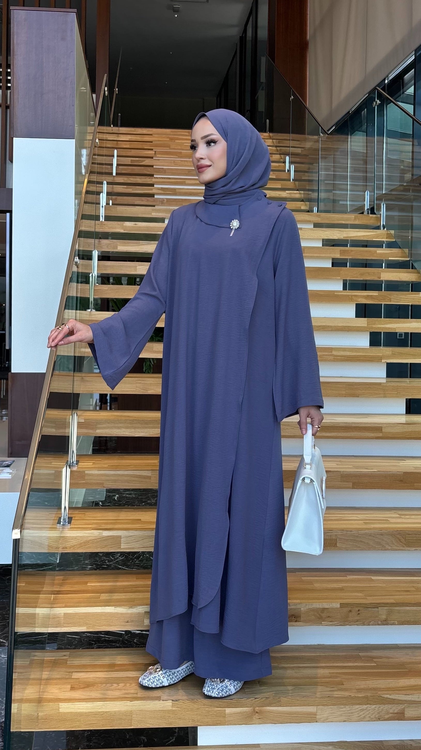 Nida broş detay tunik & pantolon takım duman gri