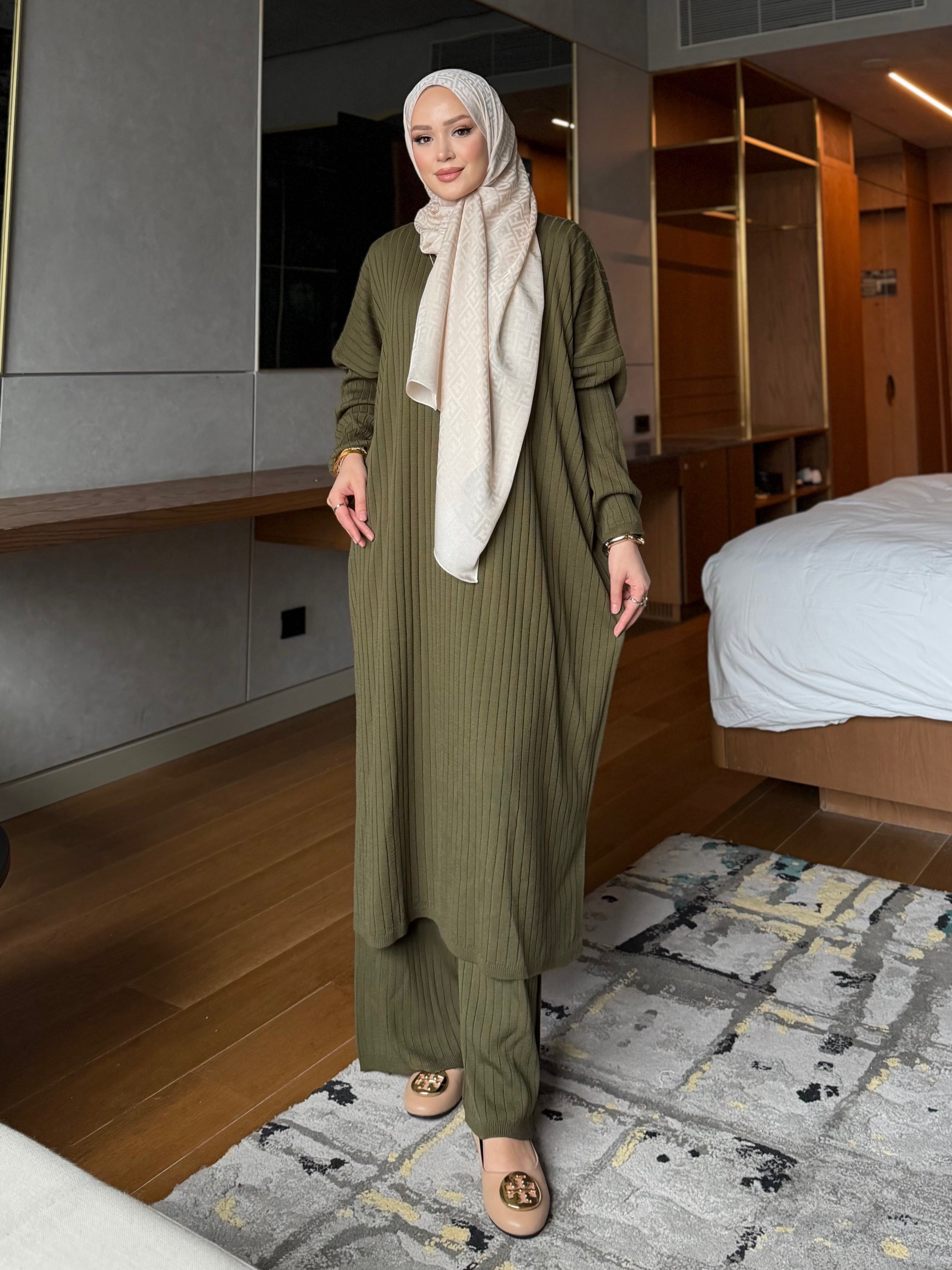Çizgili triko tunik & pantolon haki yeşil