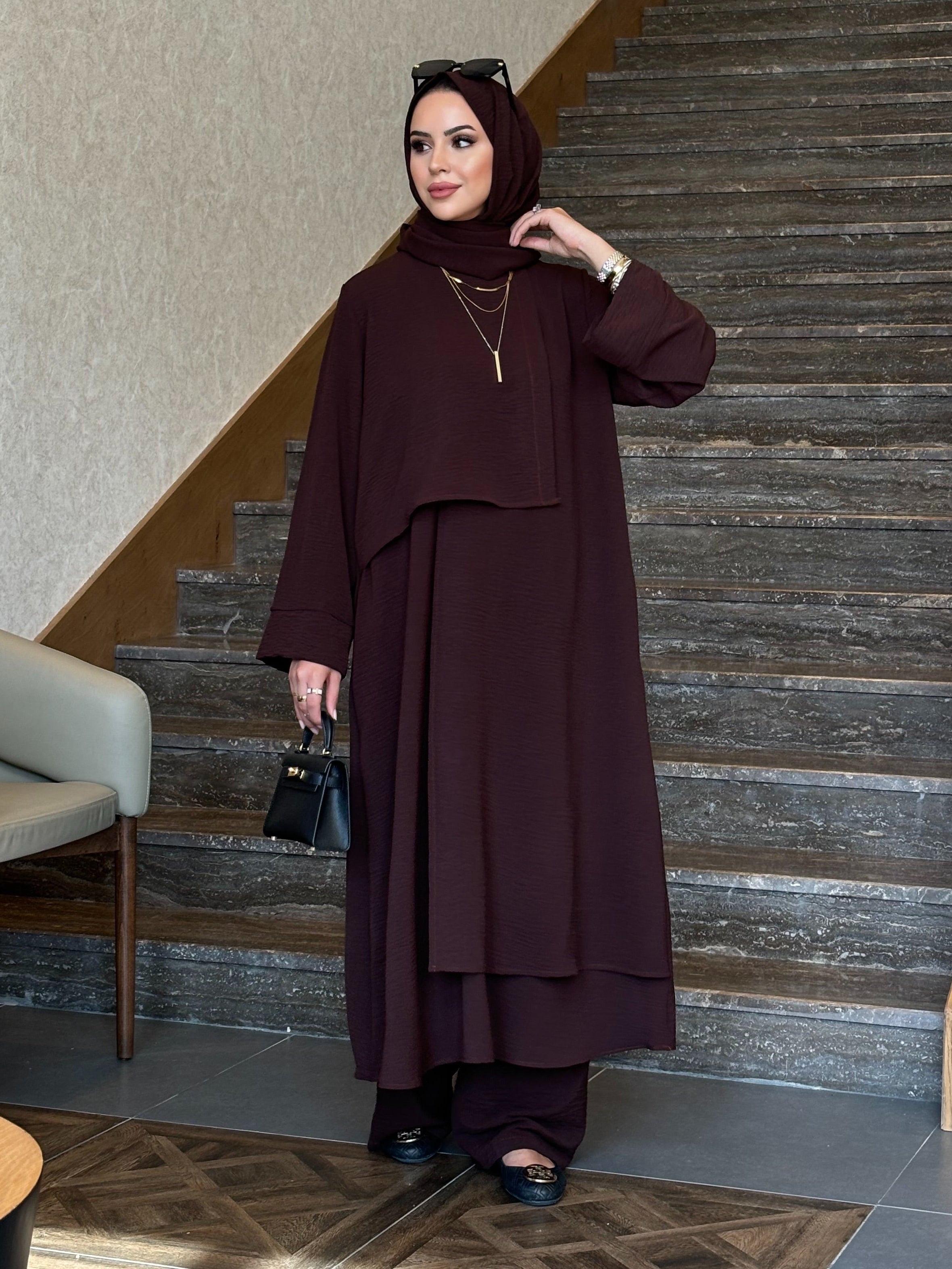 Mona Parça detay tunik & pantolon takım Kahve