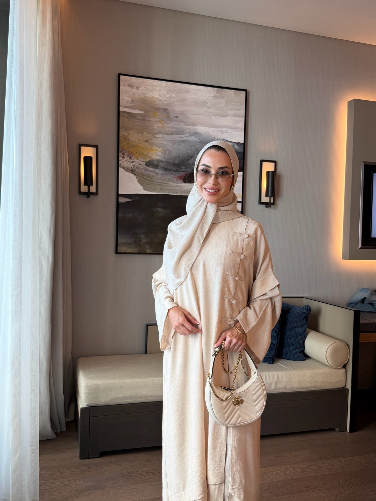 Ahsen abaya & pantolon ikili takım krem