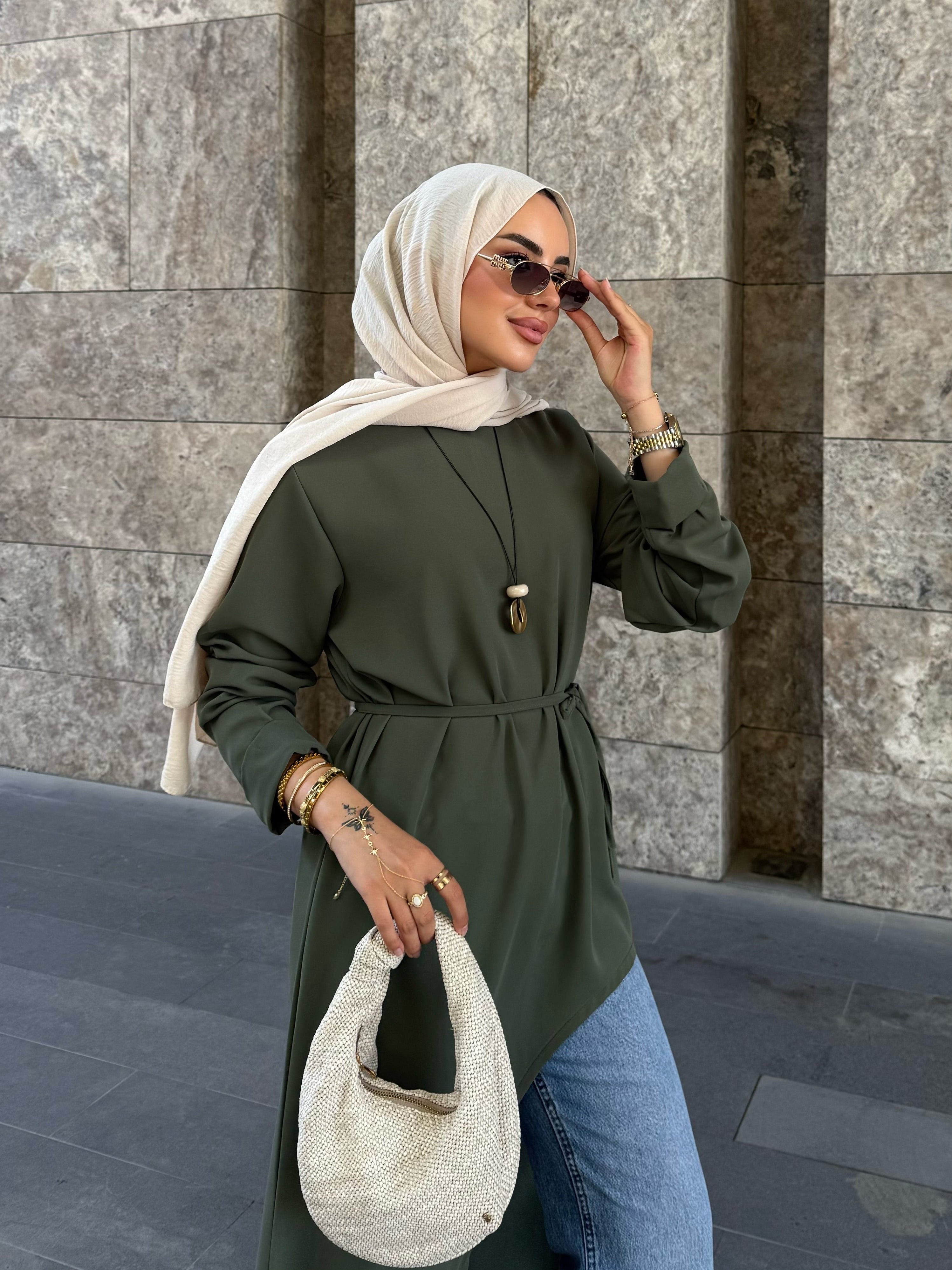 Alina asimetrik kuşaklı tunik haki yeşil