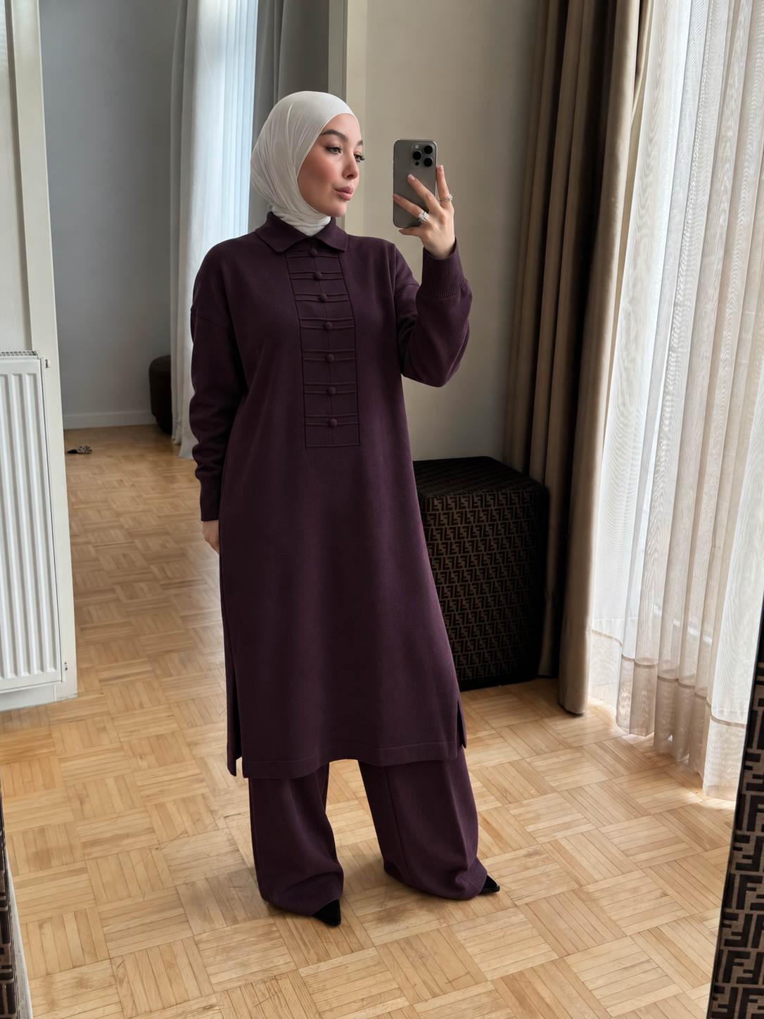 Polo Yaka Çin Kapama Triko Takım Mürdüm