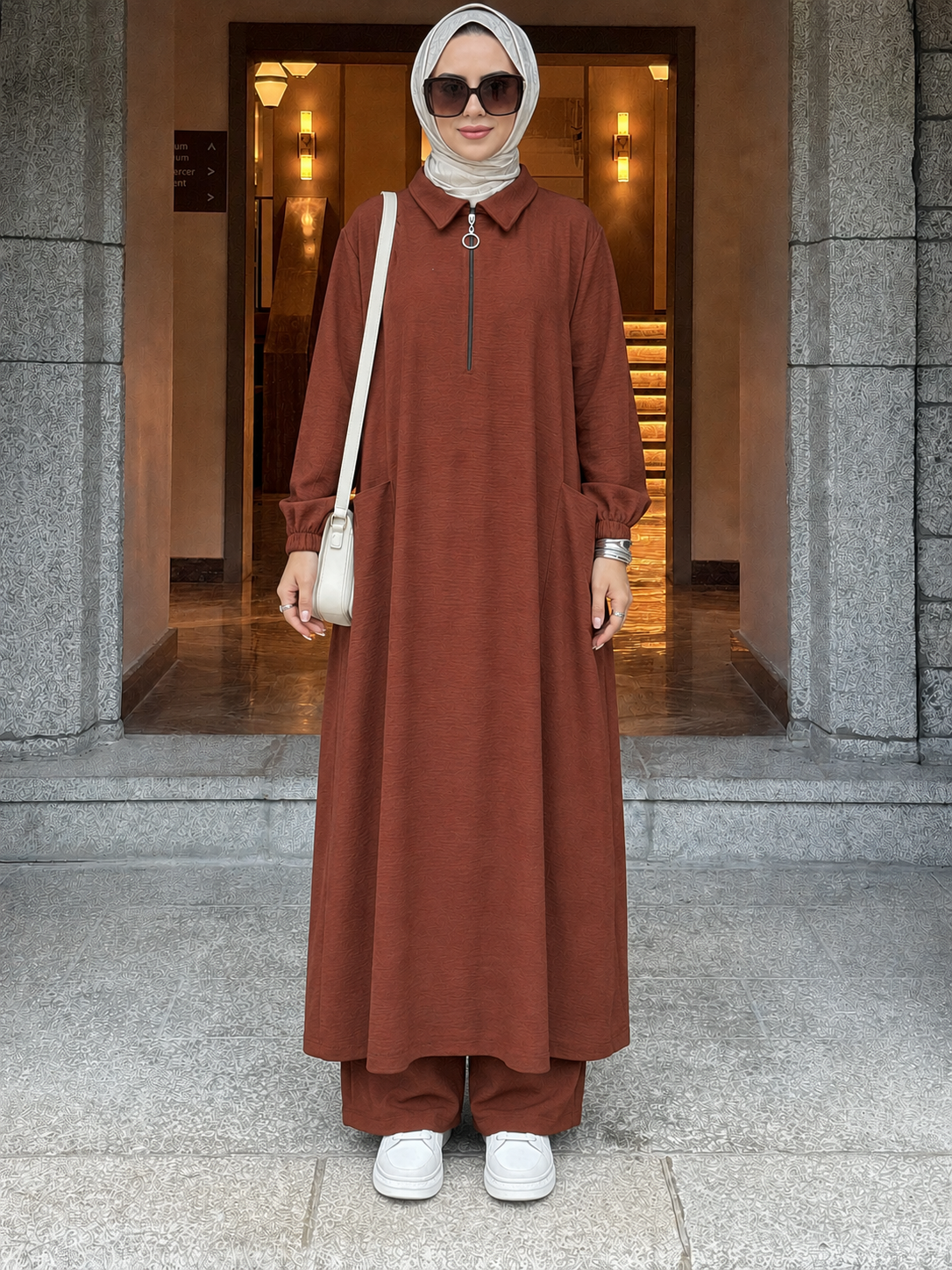 Soft fermuarlı tunik & pantolon takım Kahverengi