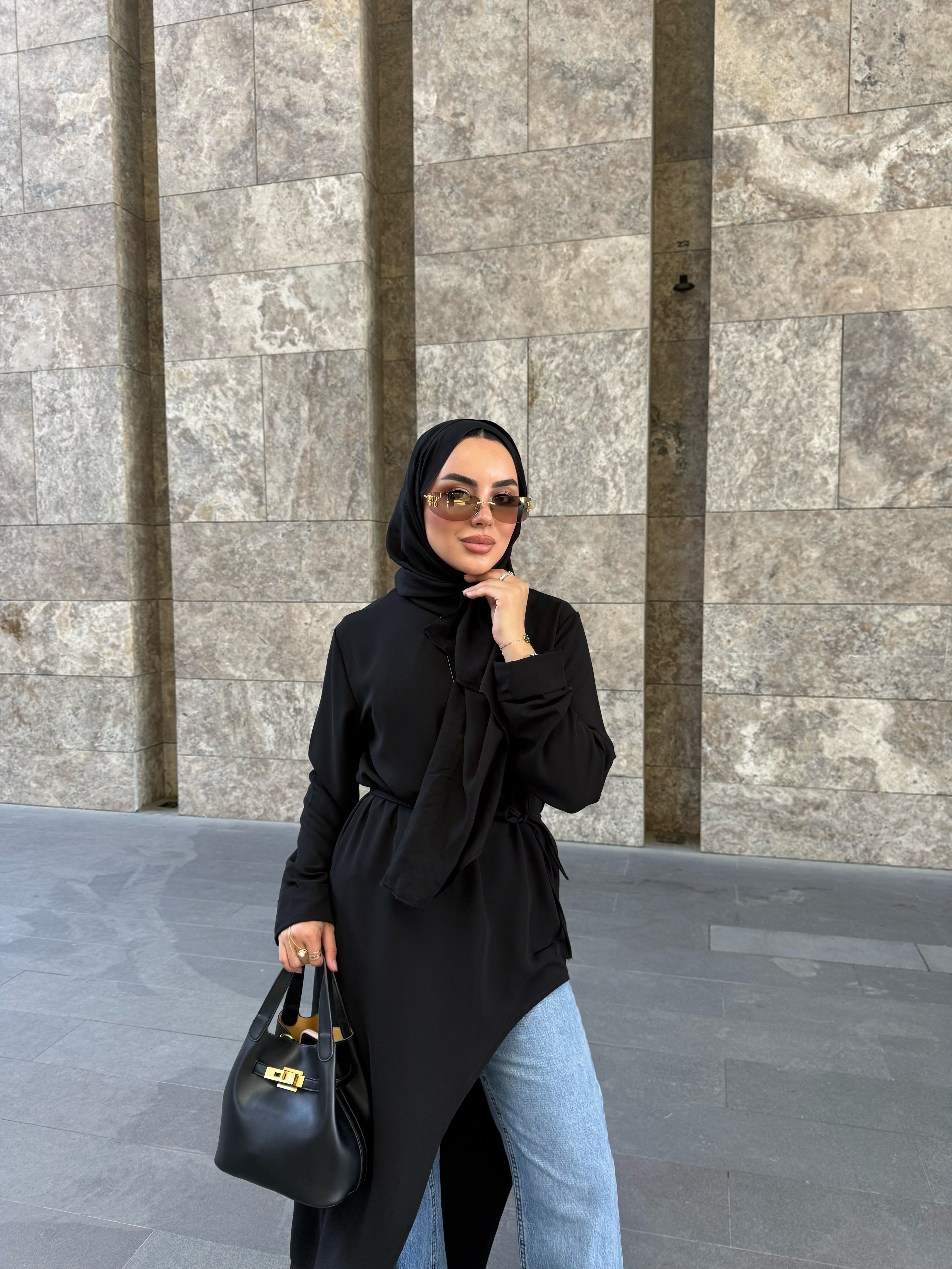 Alina asimetrik kuşaklı tunik siyah