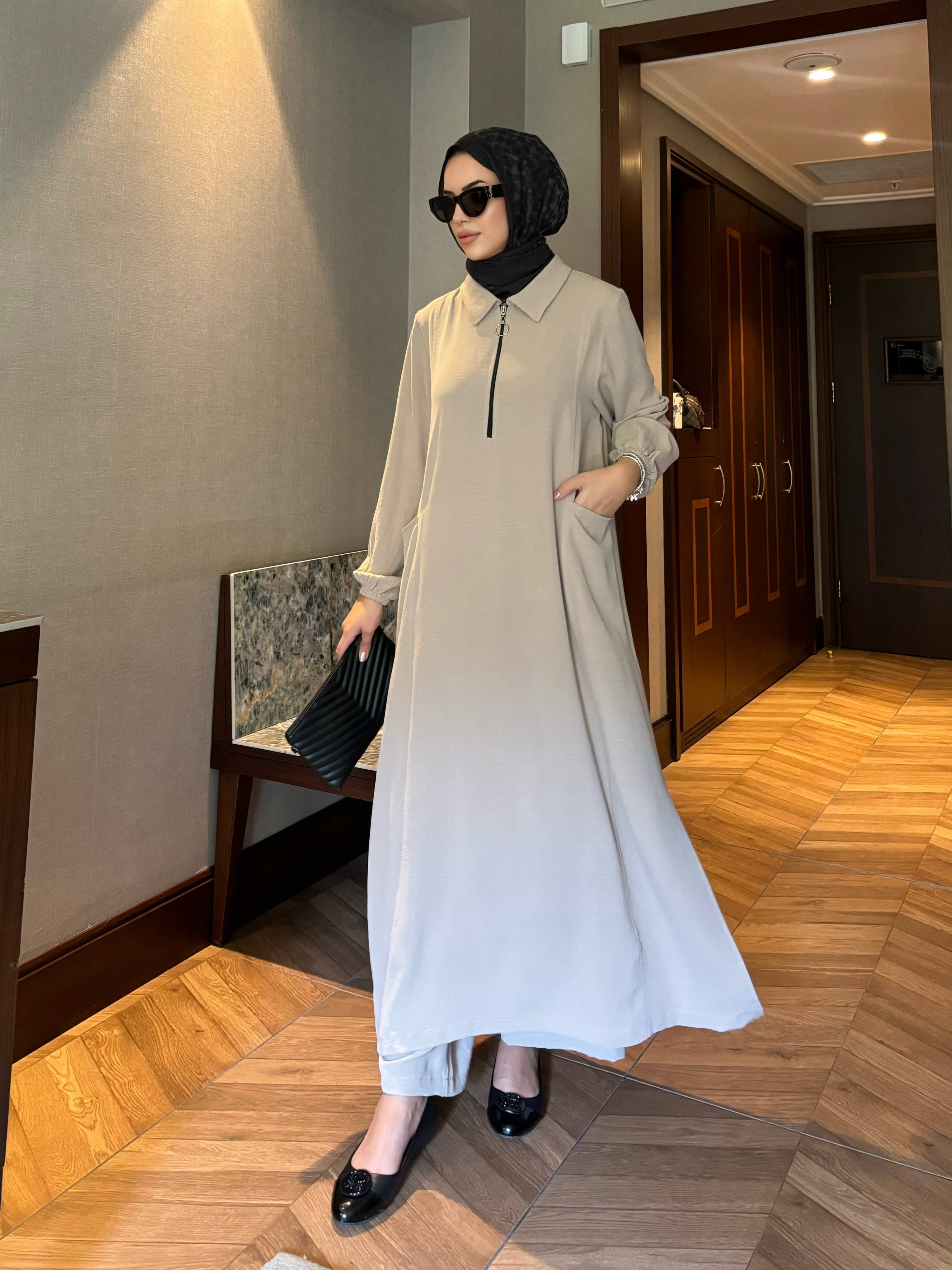 Soft fermuarlı tunik & pantolon takım krem