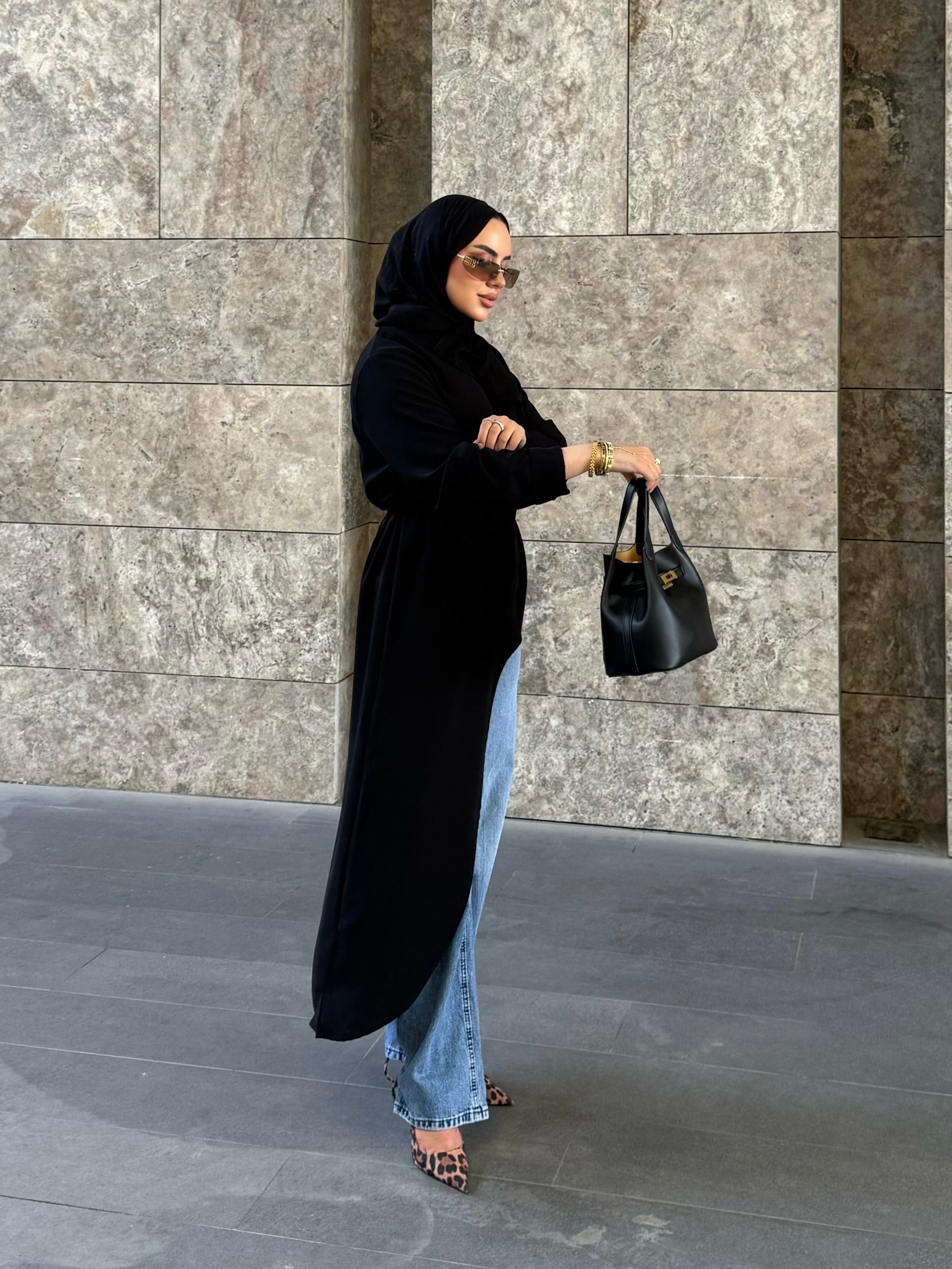 Alina asimetrik kuşaklı tunik siyah