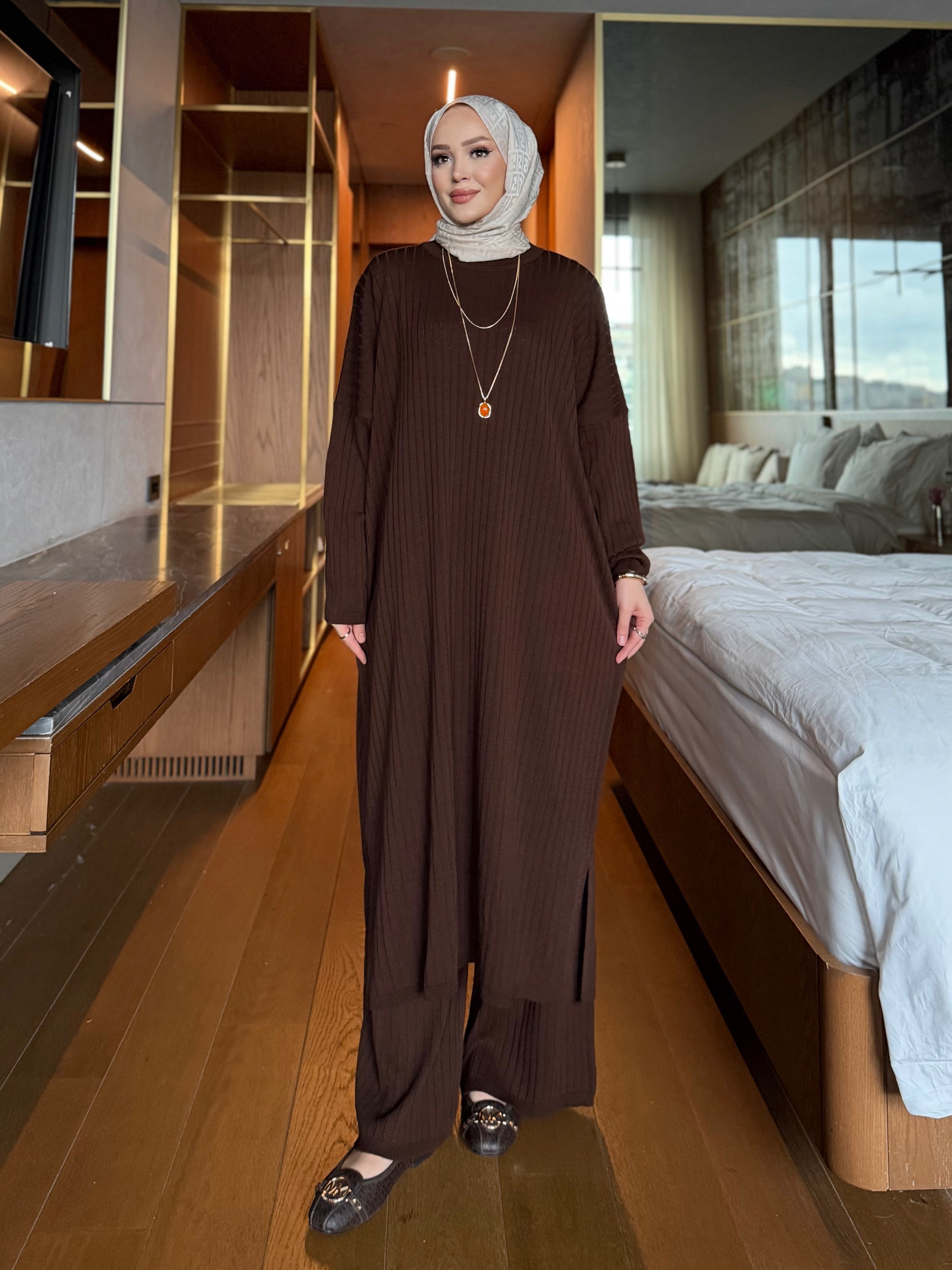 Çizgili triko tunik & pantolon kahverengi