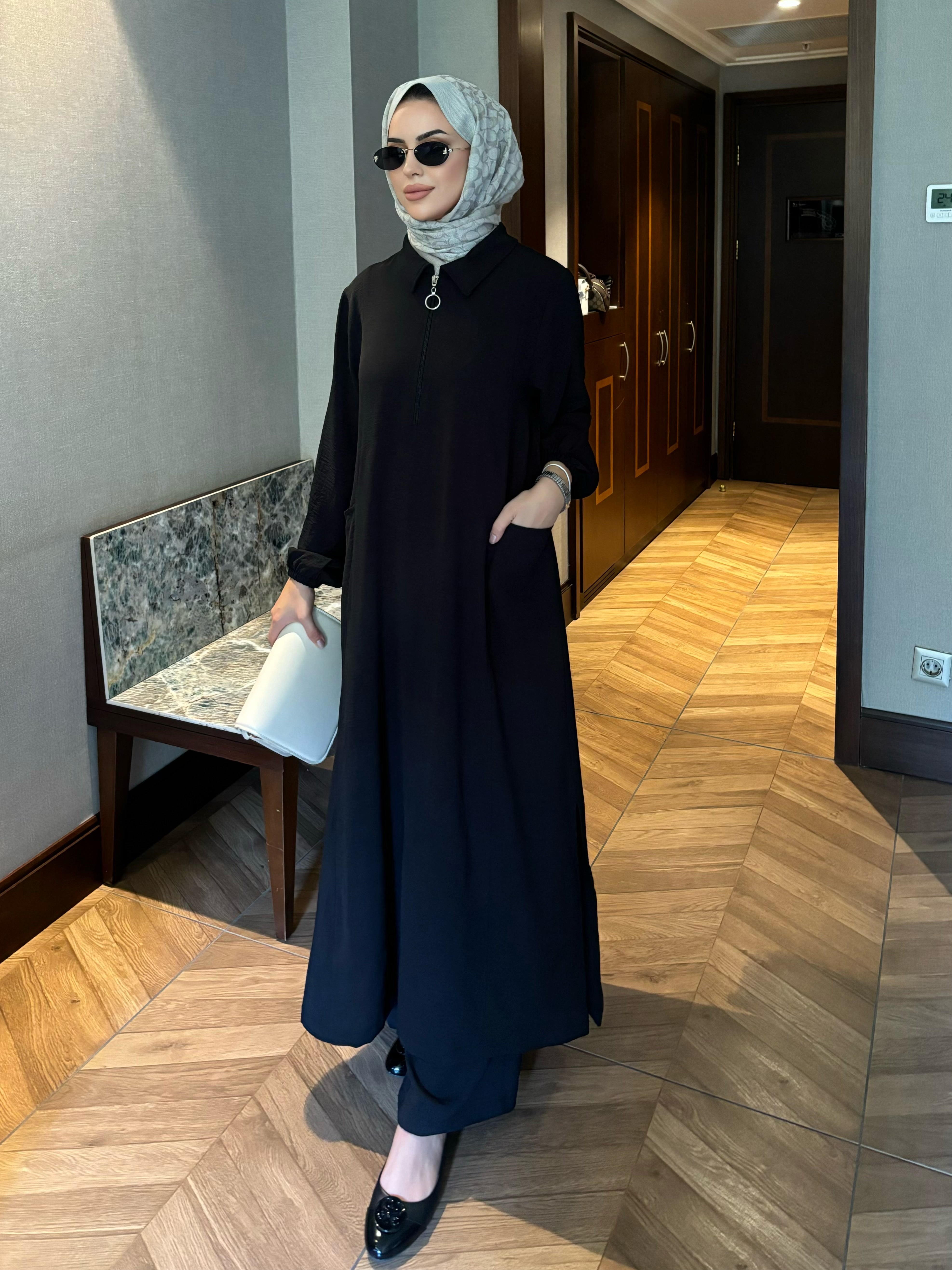 Soft fermuarlı tunik & pantolon takım siyah