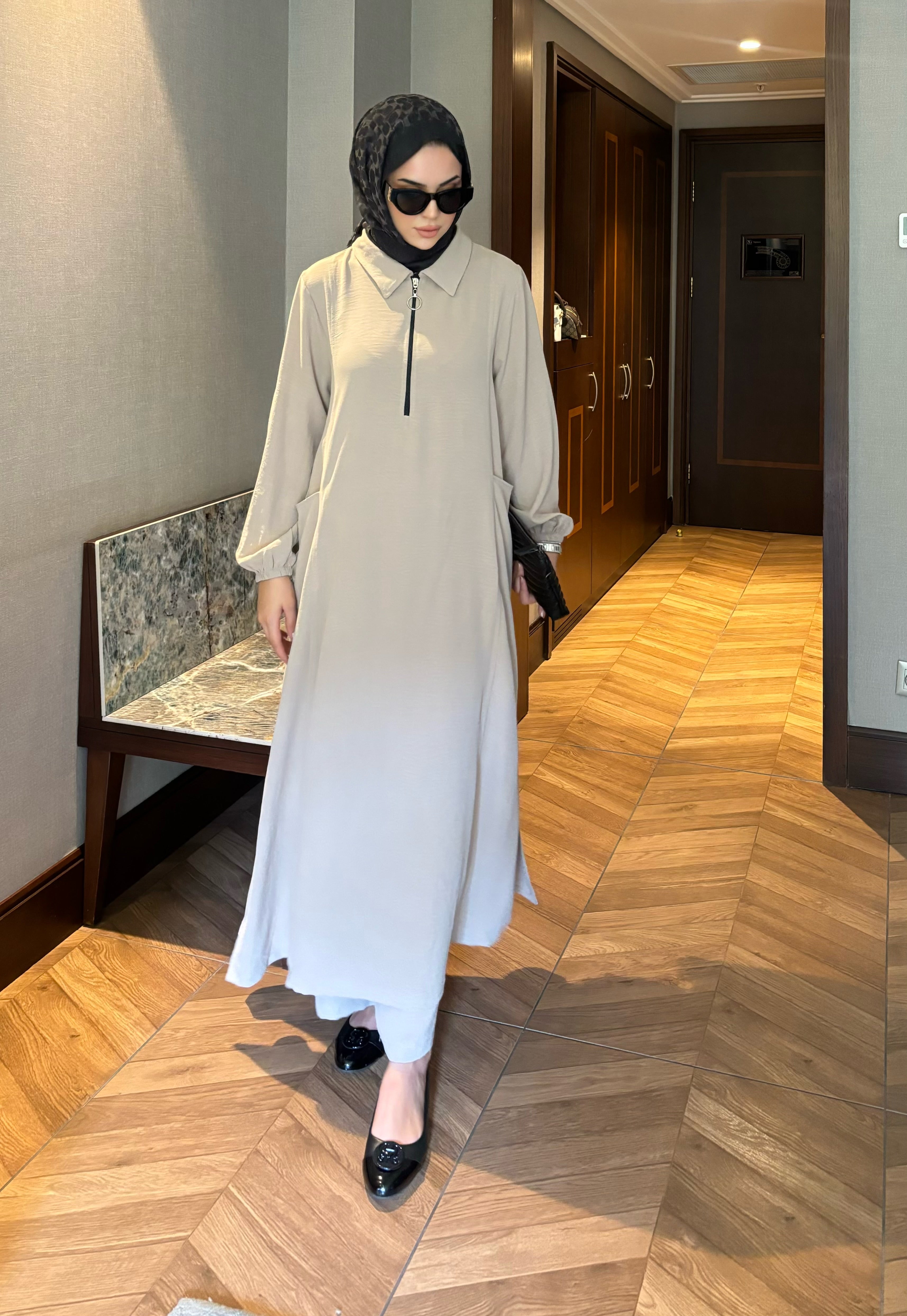 Soft fermuarlı tunik & pantolon takım krem