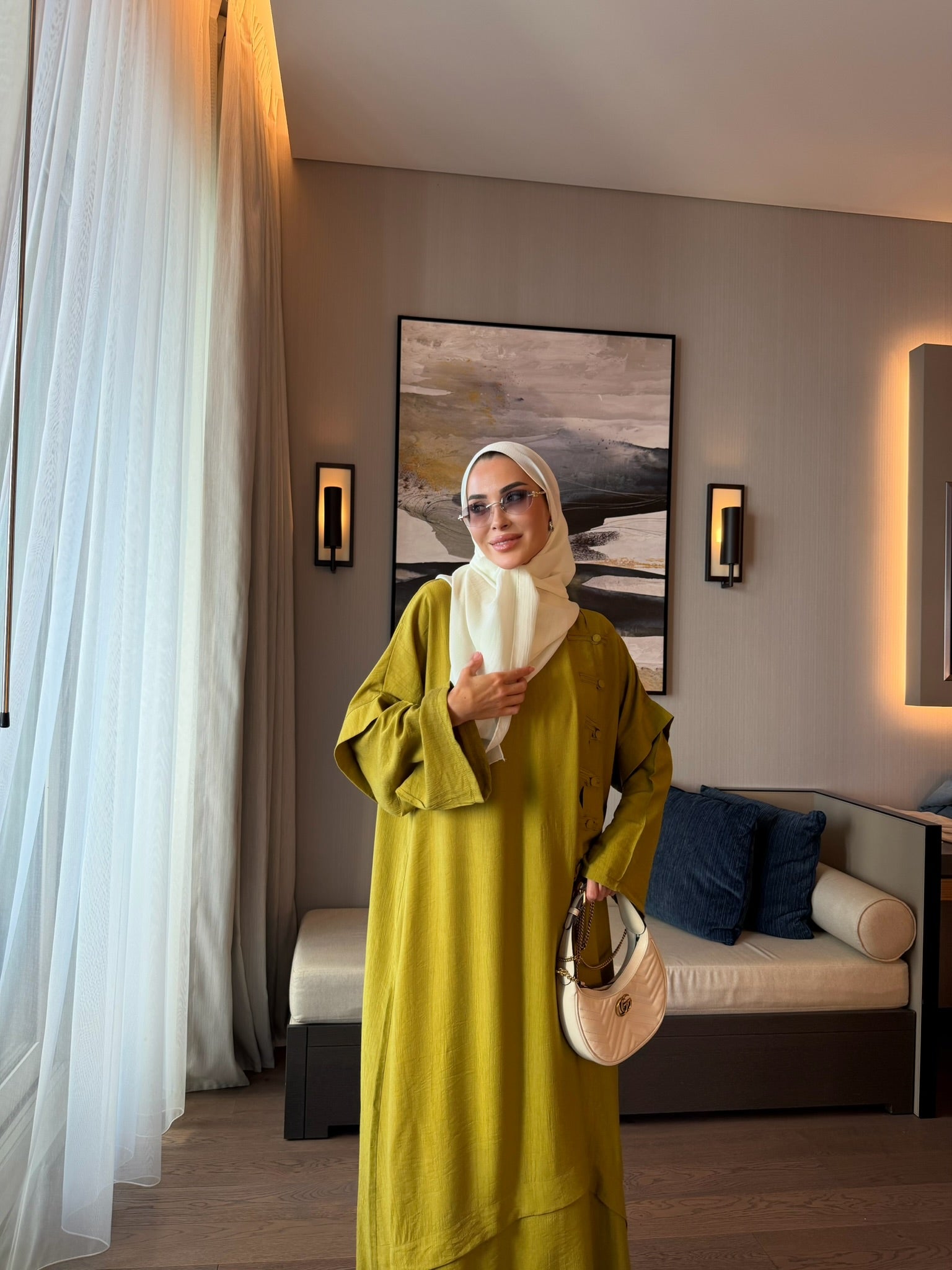 Ahsen abaya & pantolon ikili takım yağ yeşili