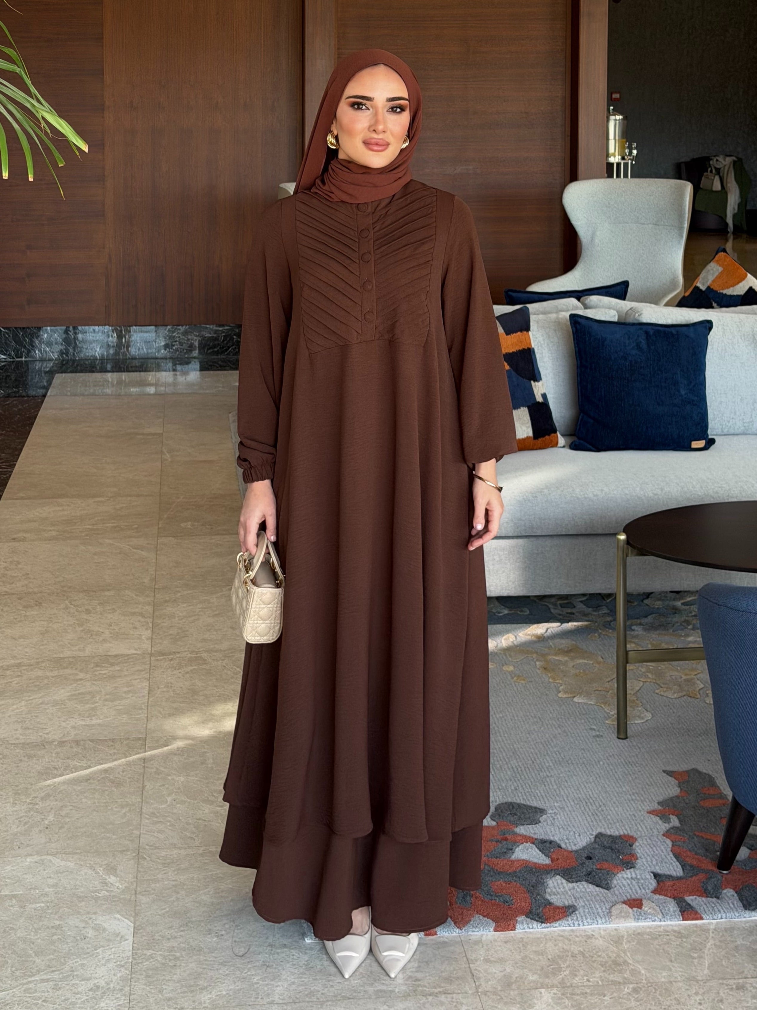 Nazende nervür detaylı tunik & etek kahverengi