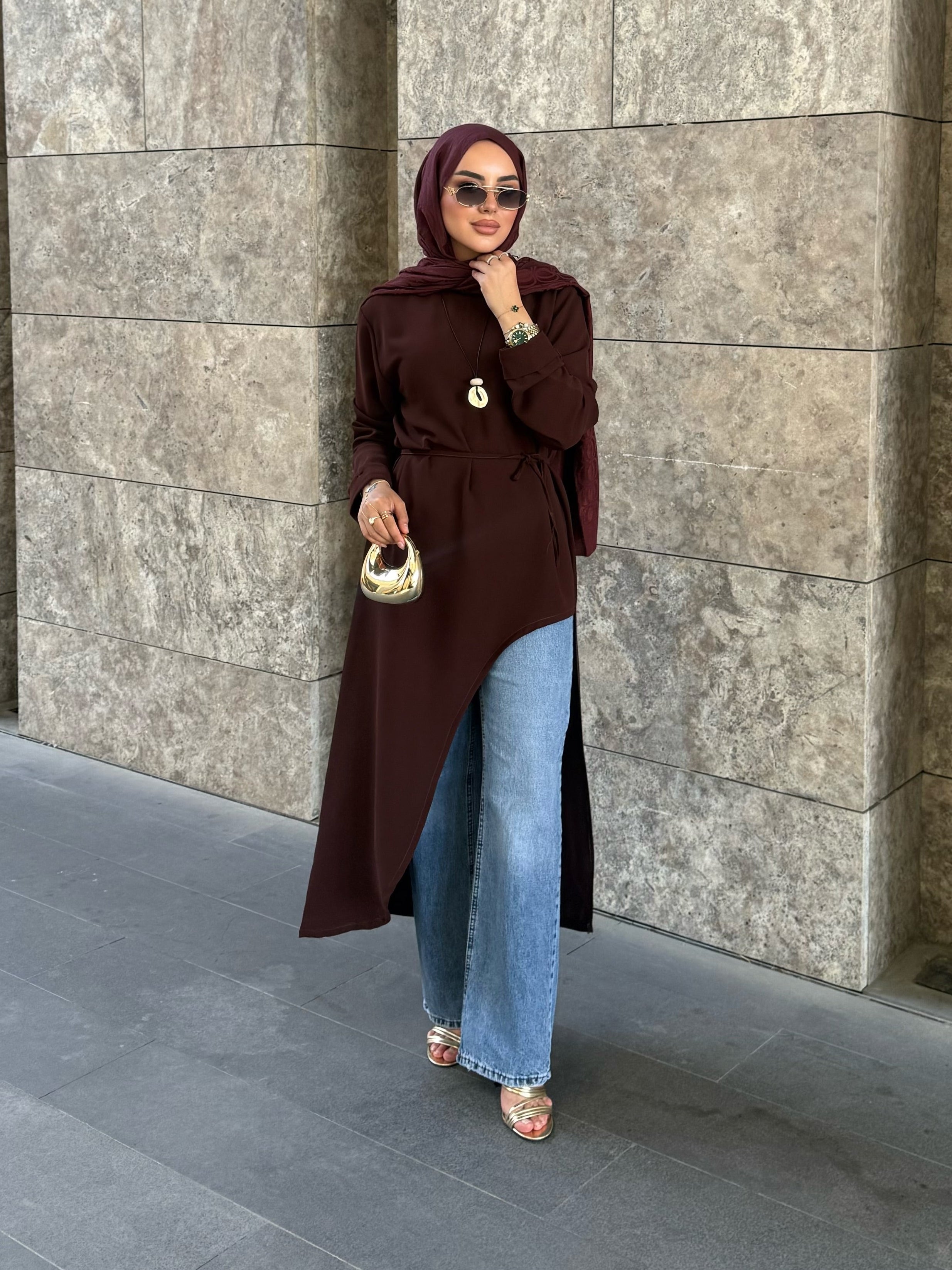 Alina asimetrik kuşaklı tunik Kahverengi