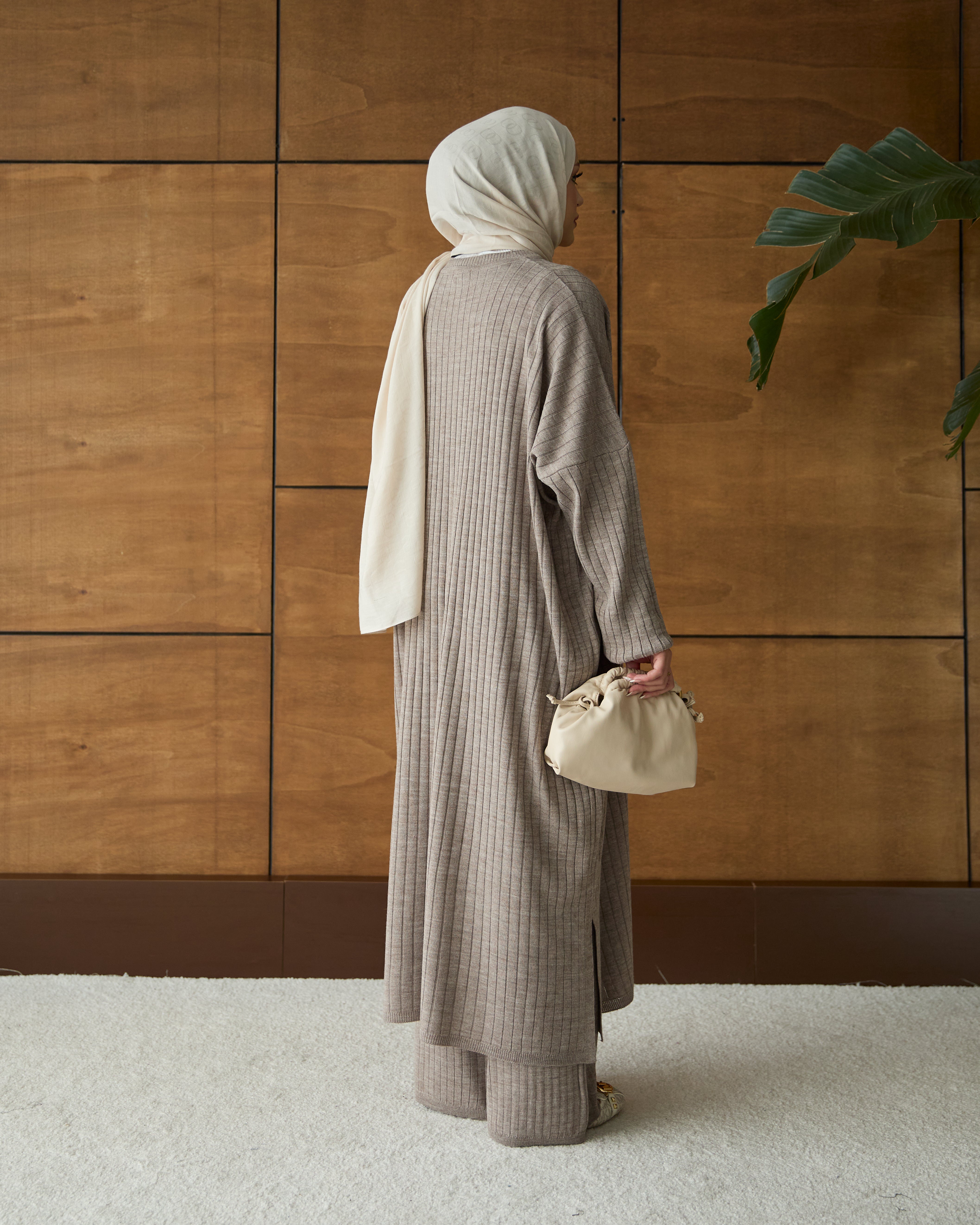 Çizgili triko tunik & pantolon vizon