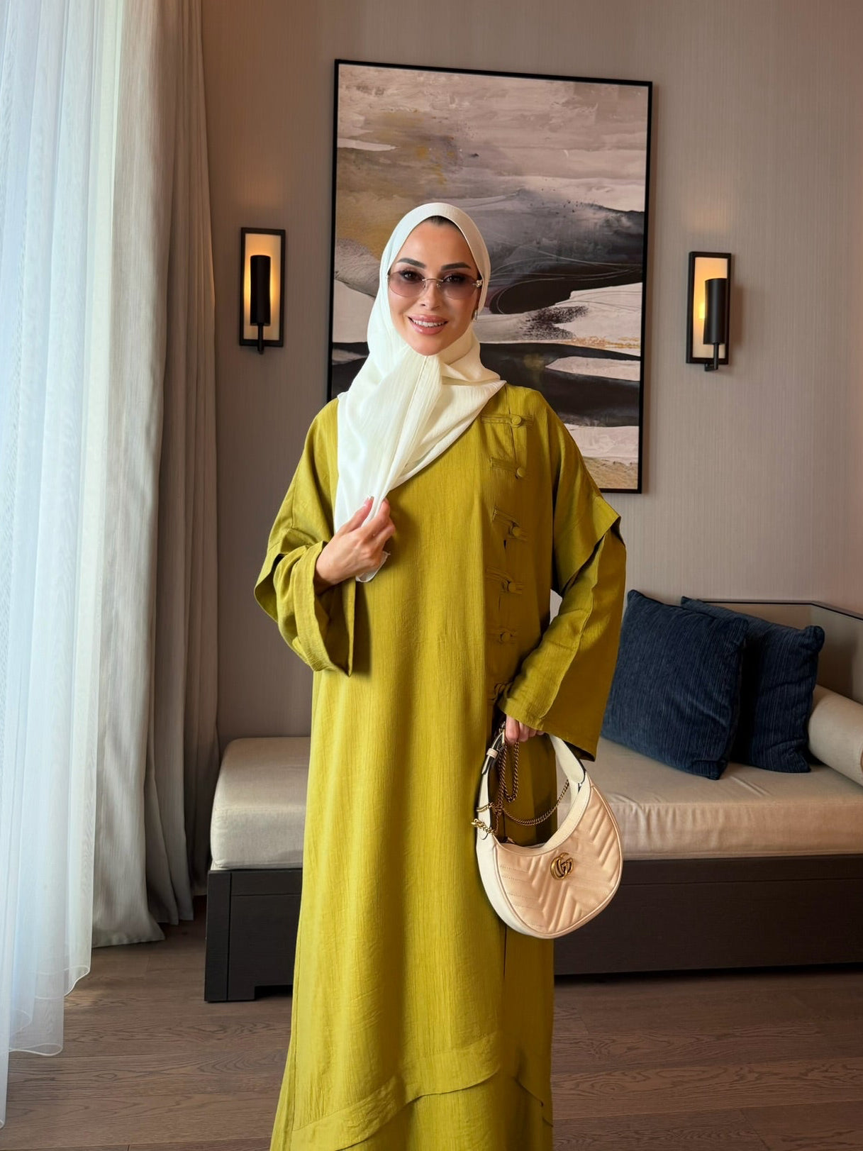 Ahsen abaya & pantolon ikili takım yağ yeşili