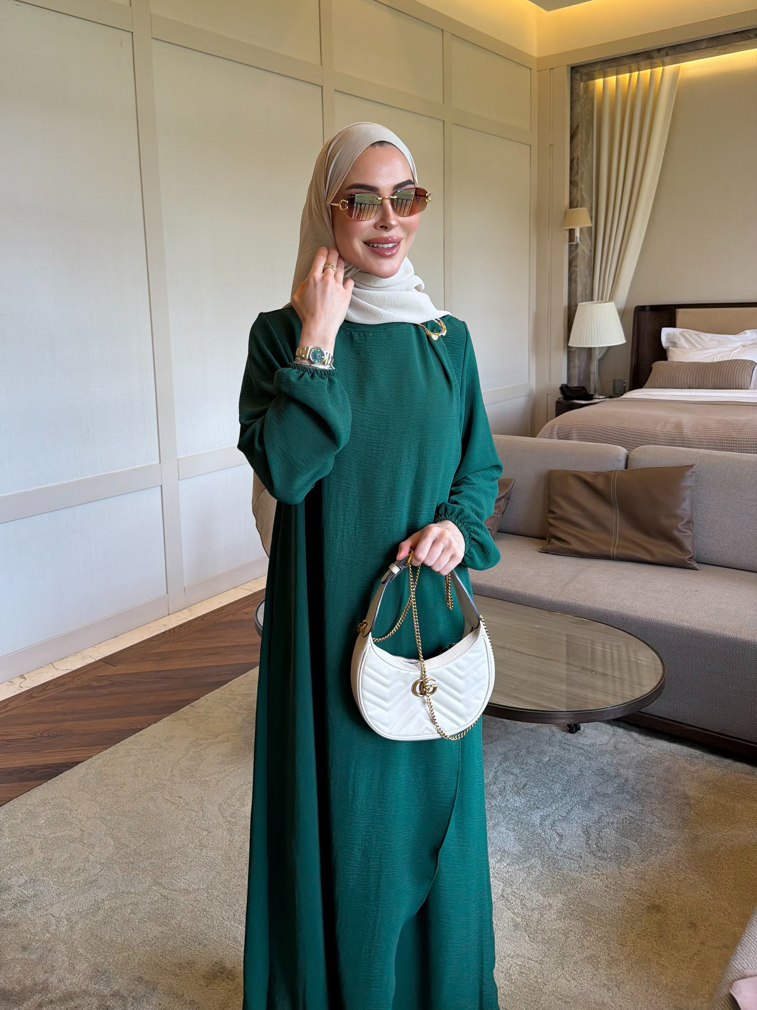 Royal metal broş detaylı tunik & pantolon zümrüt yeşili