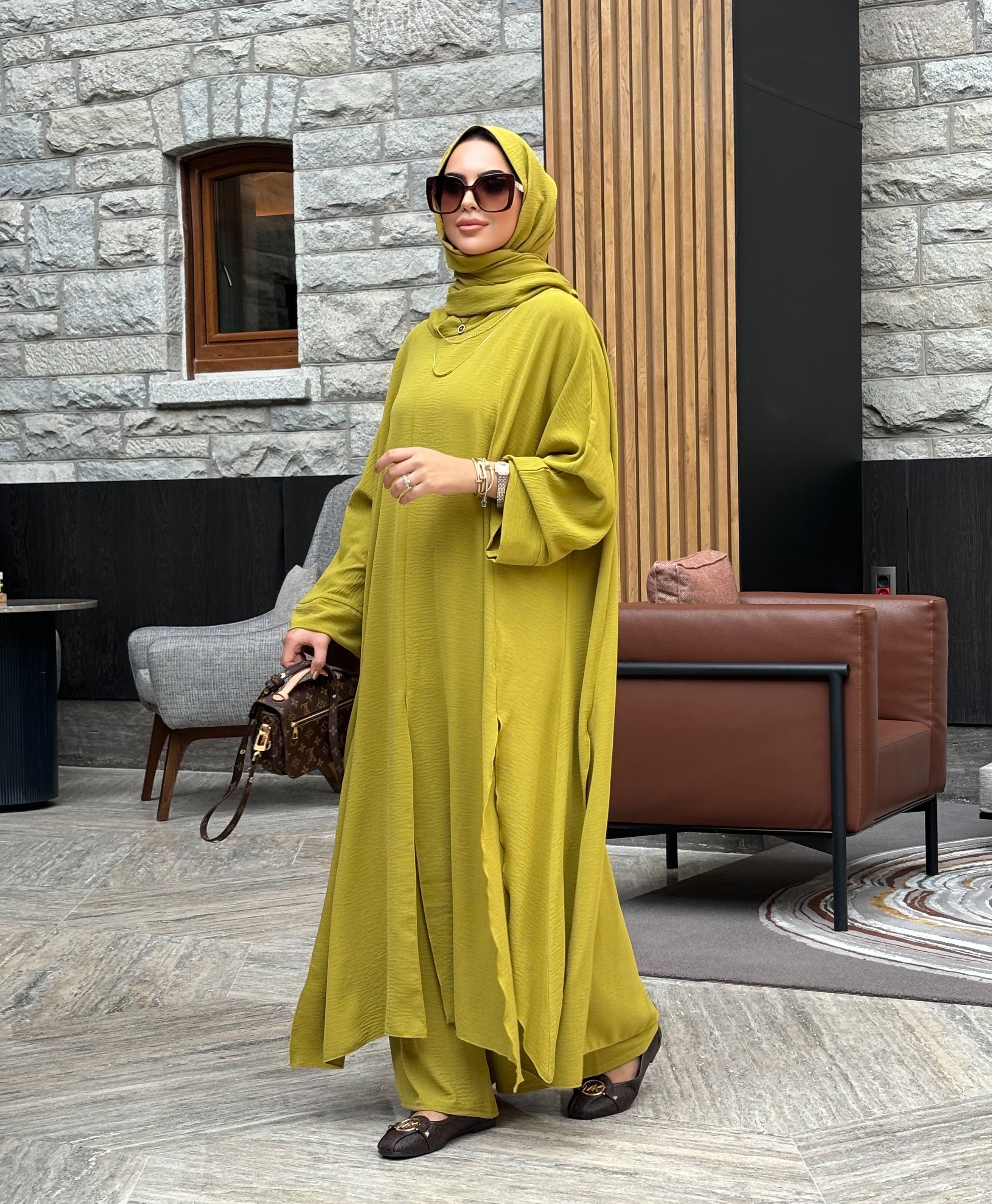 Venedik yırtmaç detay tunik & Pantolon takım yağ yeşili
