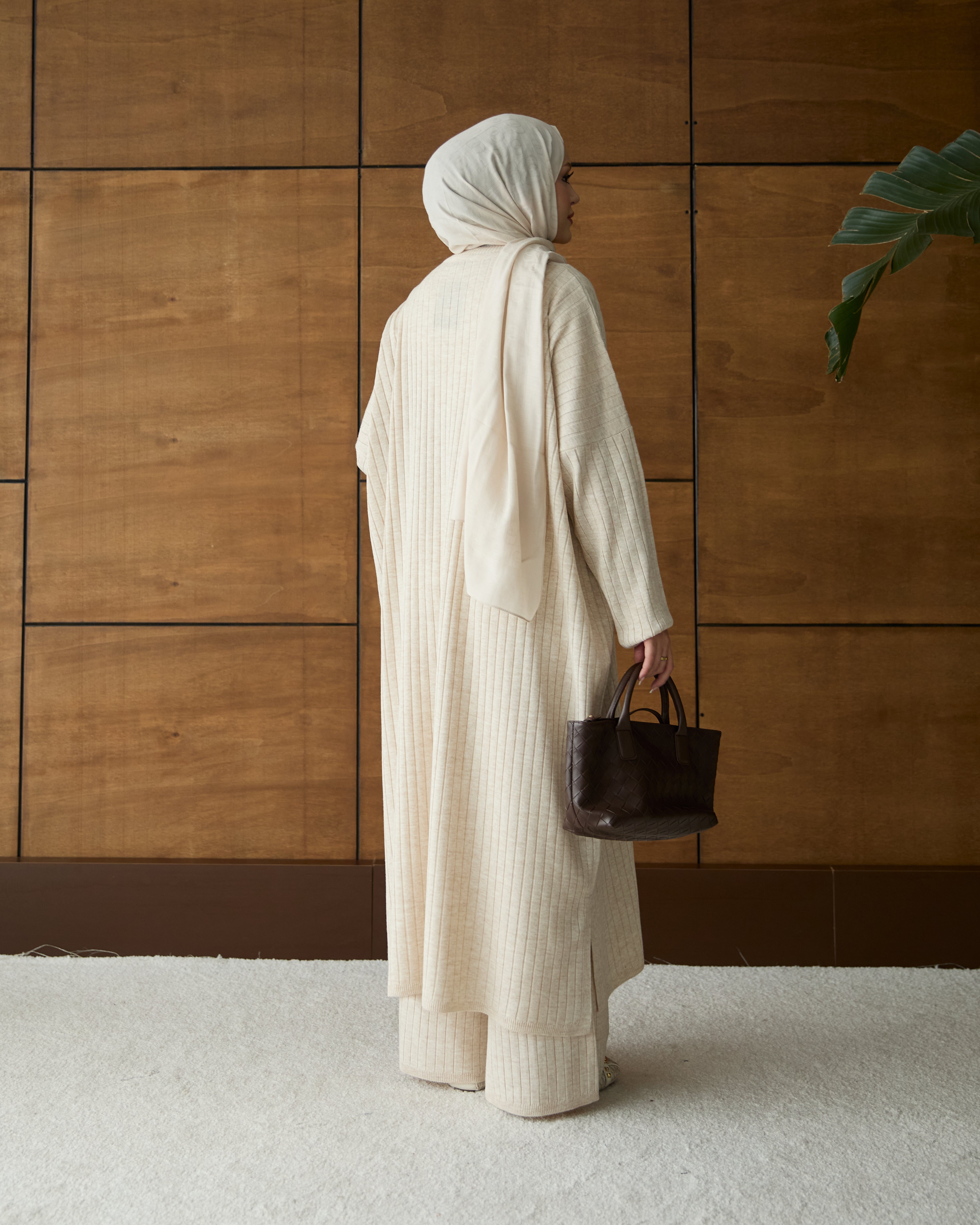 Çizgili triko tunik & pantolon krem