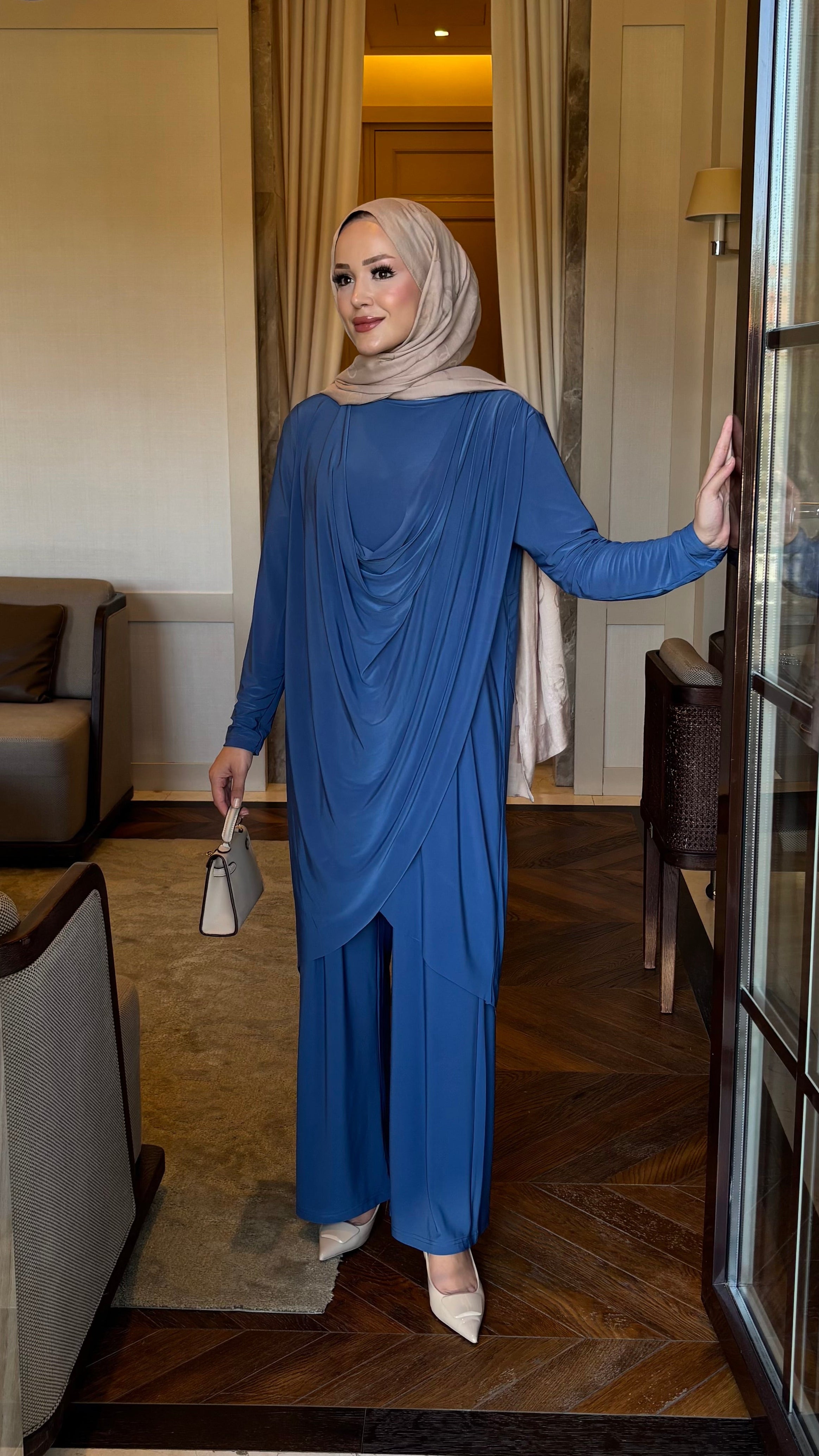 Luar drape detay takım mavi