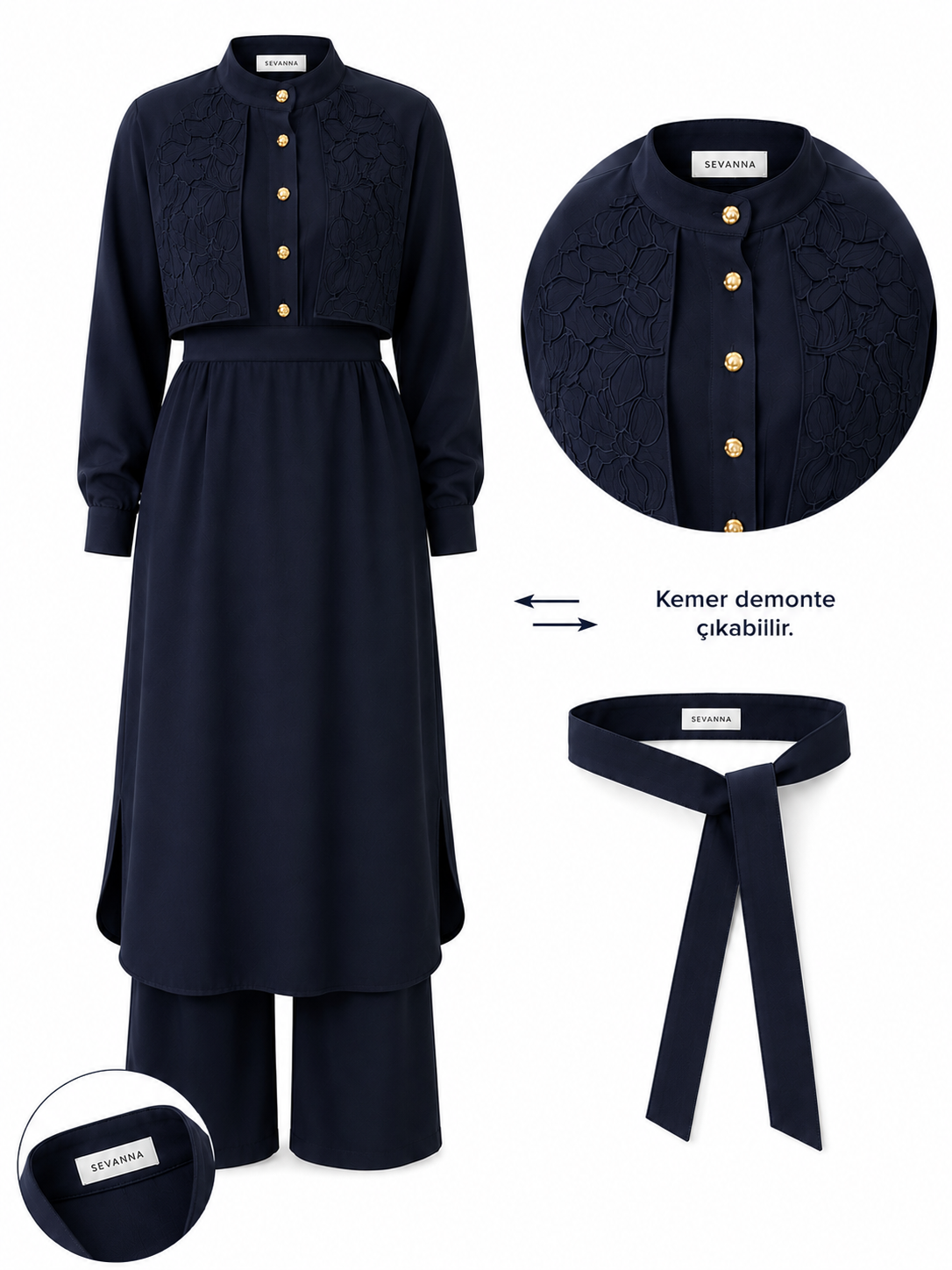 Sahra nakış detaylı tunik & pantolon takım lacivert