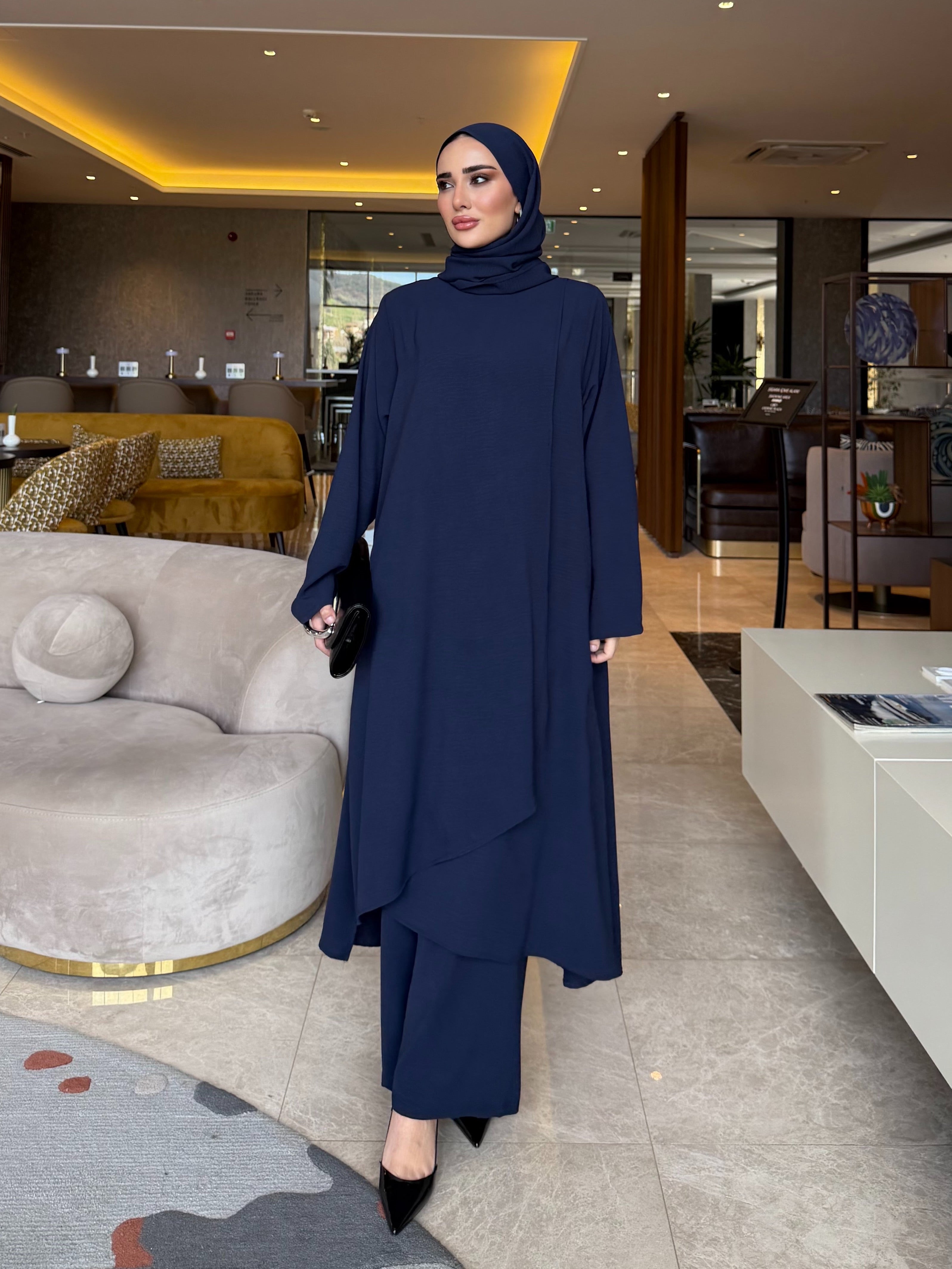 Vera asimetrik kesim katlı tunik & pantolon lacivert