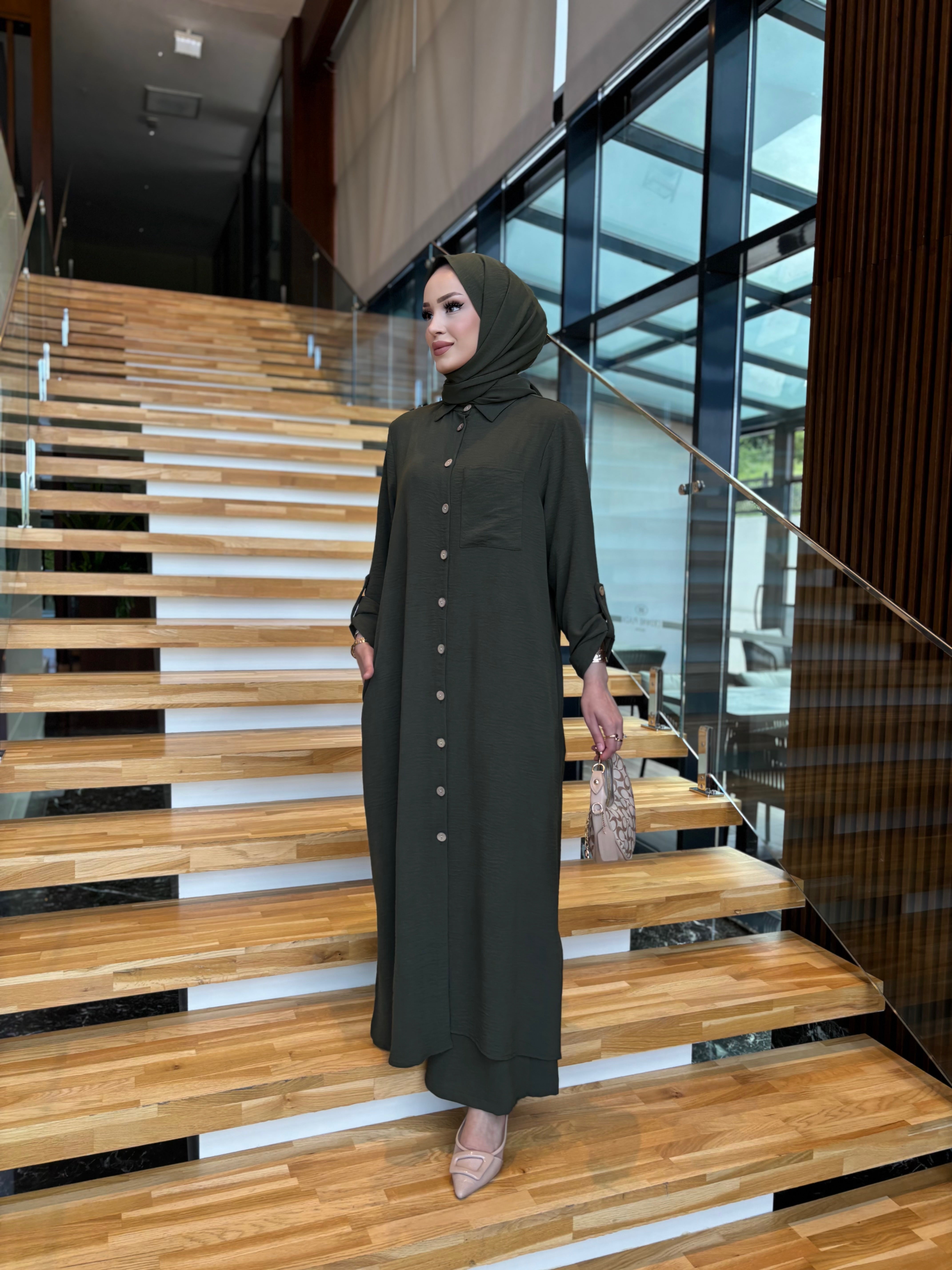 Lova düğme detay tunik & Pantolon Takım haki yeşil