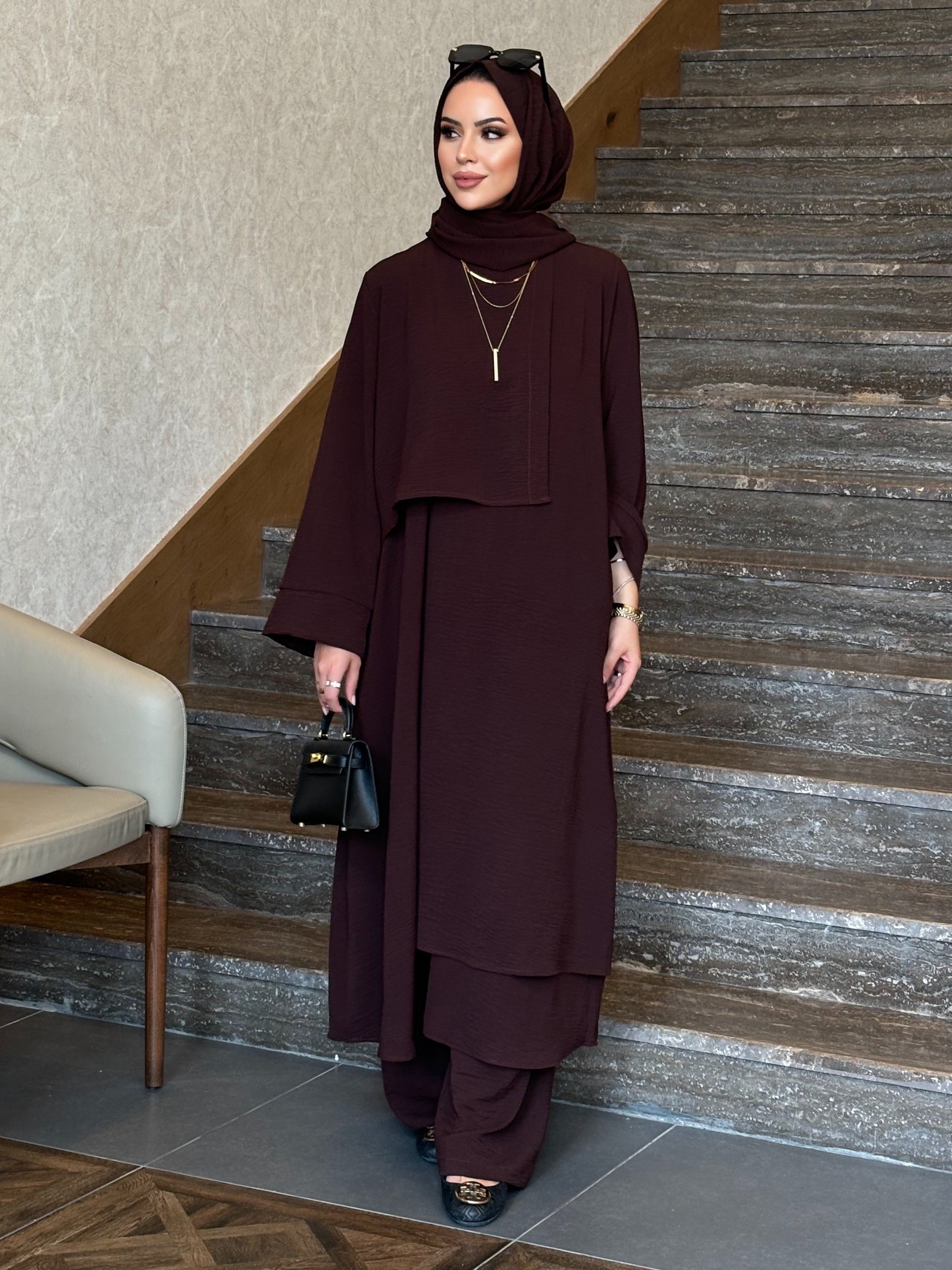 Mona Parça detay tunik & pantolon takım Kahve