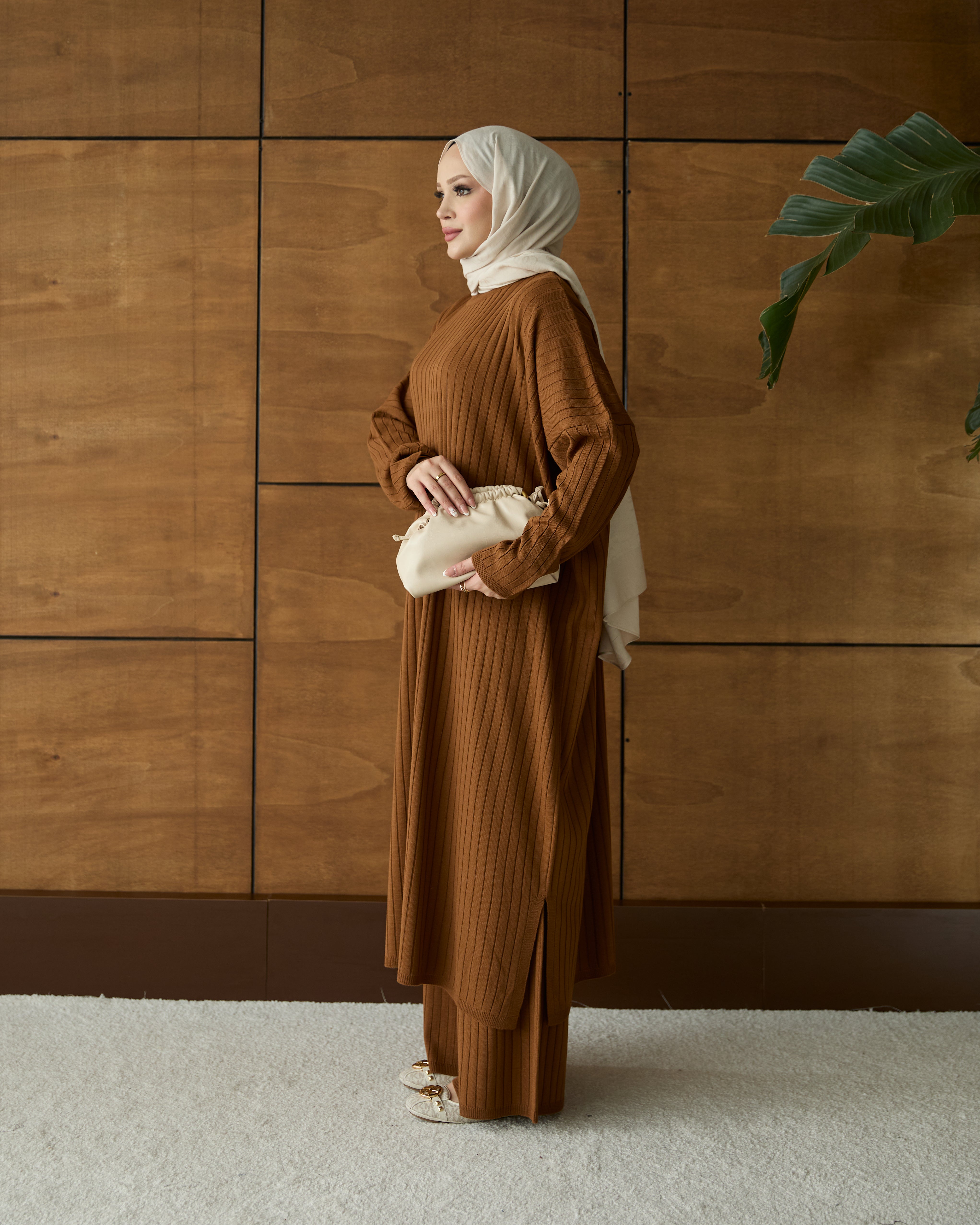Çizgili triko tunik & pantolon  taba